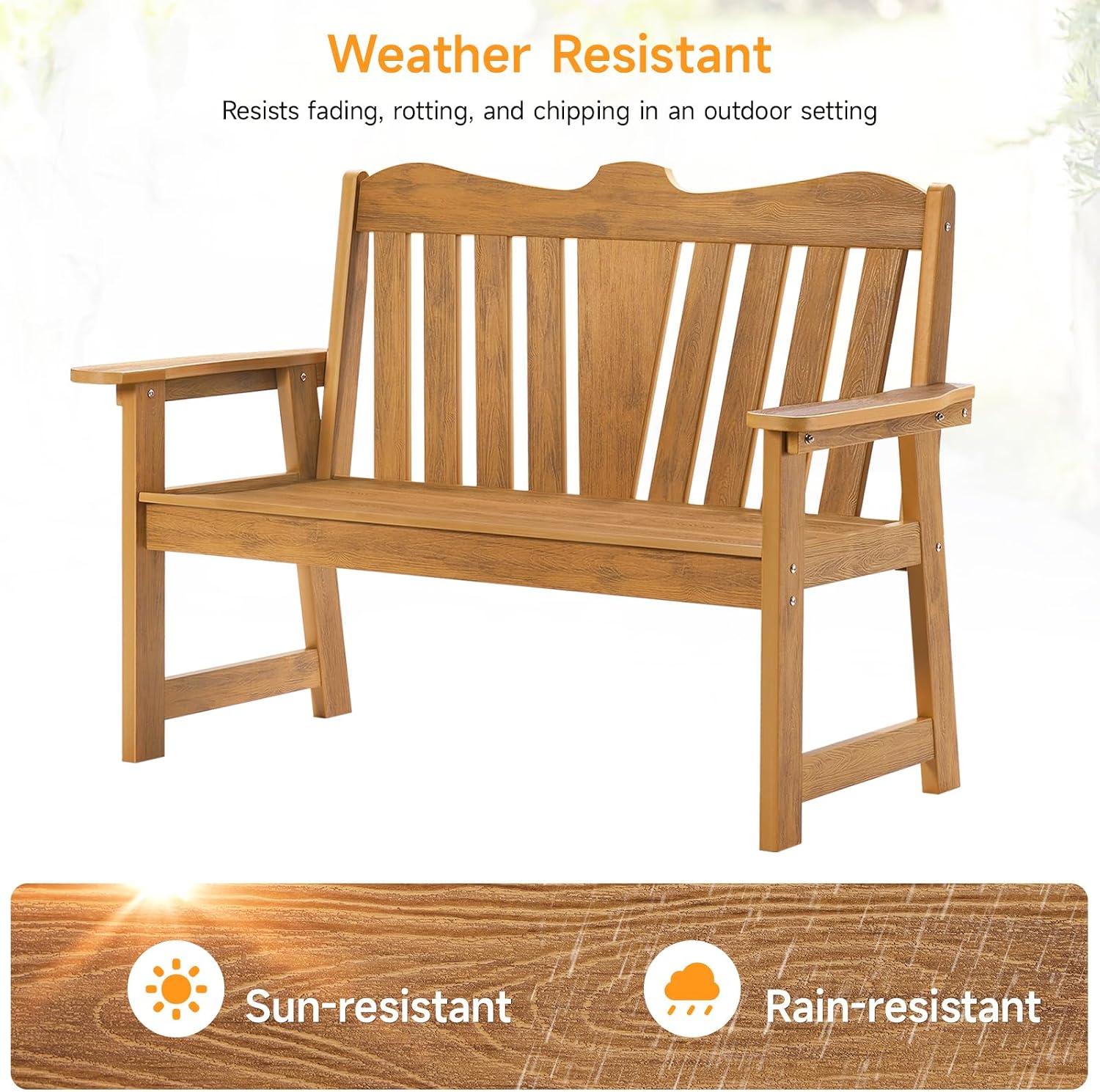 ONBRILL Outdoor Bench, 2-Person Weatherproof Garden Bench with Wide Armrests and Backrest, All-Weather Patio Bench Will not Rot and Fade for Garden, Porch, Backyard and Park, Easy Installation, Teak