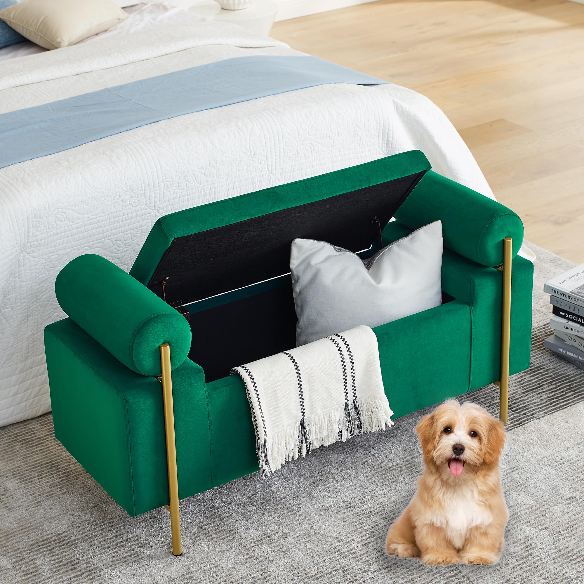 SmartEdge Storage Bench for Bedroom, 44" Green Storage Ottoman Bench with Armrest, Elegant Velvet Upholstered Seating Foot Rest Stool for Living Room,