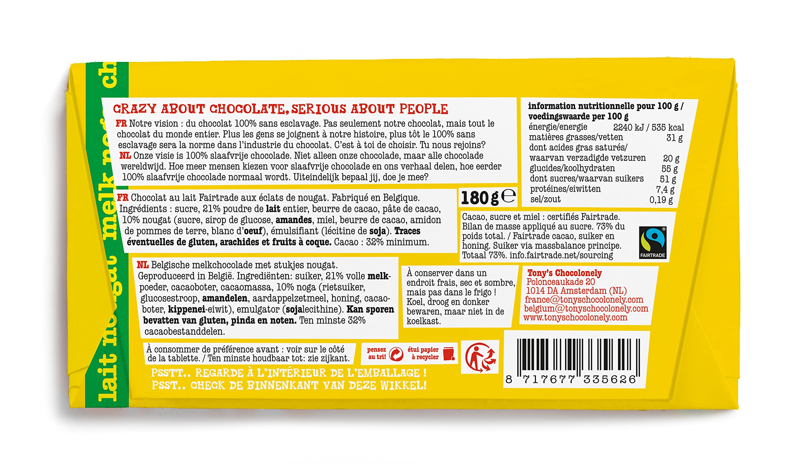 TONY'S CHOCOLONELY Czekolada pełnomleczna z miodem, migdałami i nugatem 180 g - Fairtrade czekolada z białym nugatem, uszlachetniona miodem i migdałami. Bez oleju palmowego, wyprodukowana w Belgii
