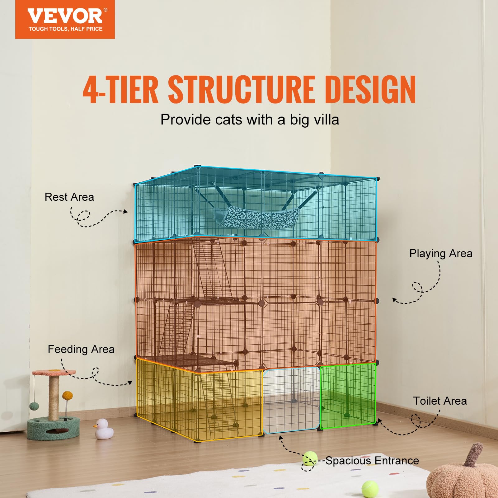 VEVOR Cage Chat 4 Niveaux, Grand Enclos Chats Fil Métallique Modulable Amovible à Monter, avec 4 Portes, Échelles, Hamac, Espace Exercice Extérieur Intérieur pour Petits Animaux, 1041x1041x1397 mm