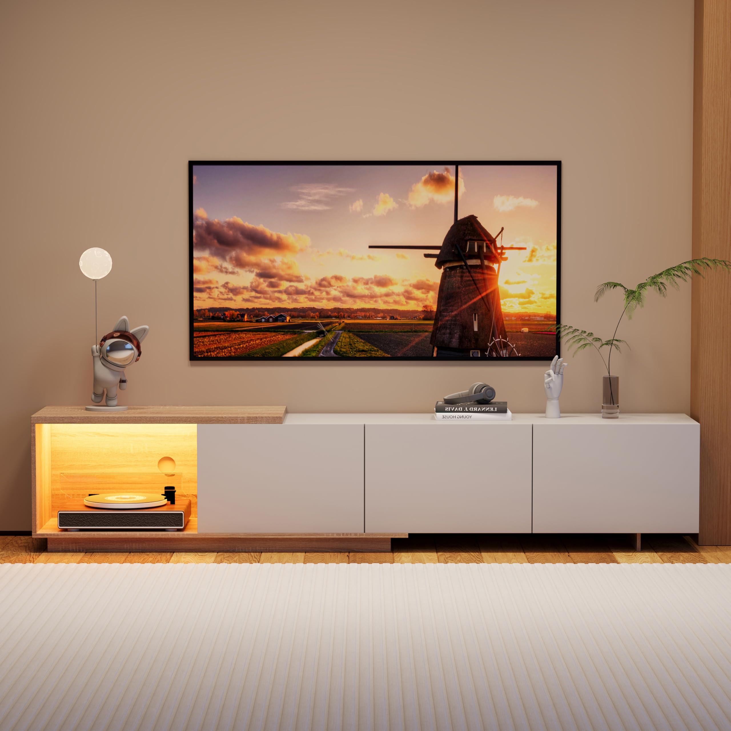 Mobile porta TV allungabile, mobile porta TV 240 cm di lunghezza con illuminazione LED, 3 cassetti, mobile TV in legno, mobili TV per televisioni da 65 pollici, mobili TV moderni per soggiorno o