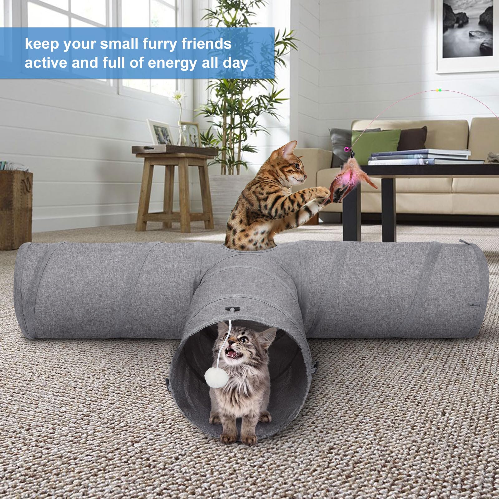 Ownpets Tunnel per gatti, grande tunnel per animali domestici a 3 vie con robusto tessuto Oxford, pieghevole e resistente agli strappi, con uscite multiple, palla sospesa e bacchetta teaser, diametro