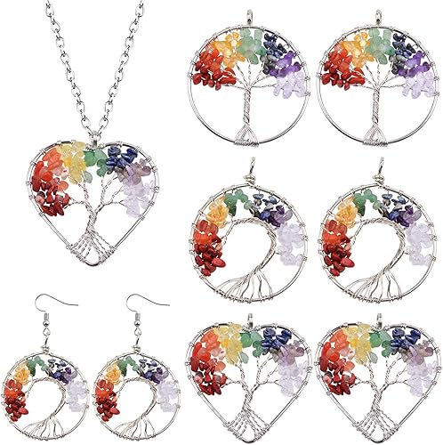 6 dijes de árbol de la vida, coloridos dijes de piedra natural de cristal natural para chakras, piedras preciosas positivas de cuarzo, dijes de
