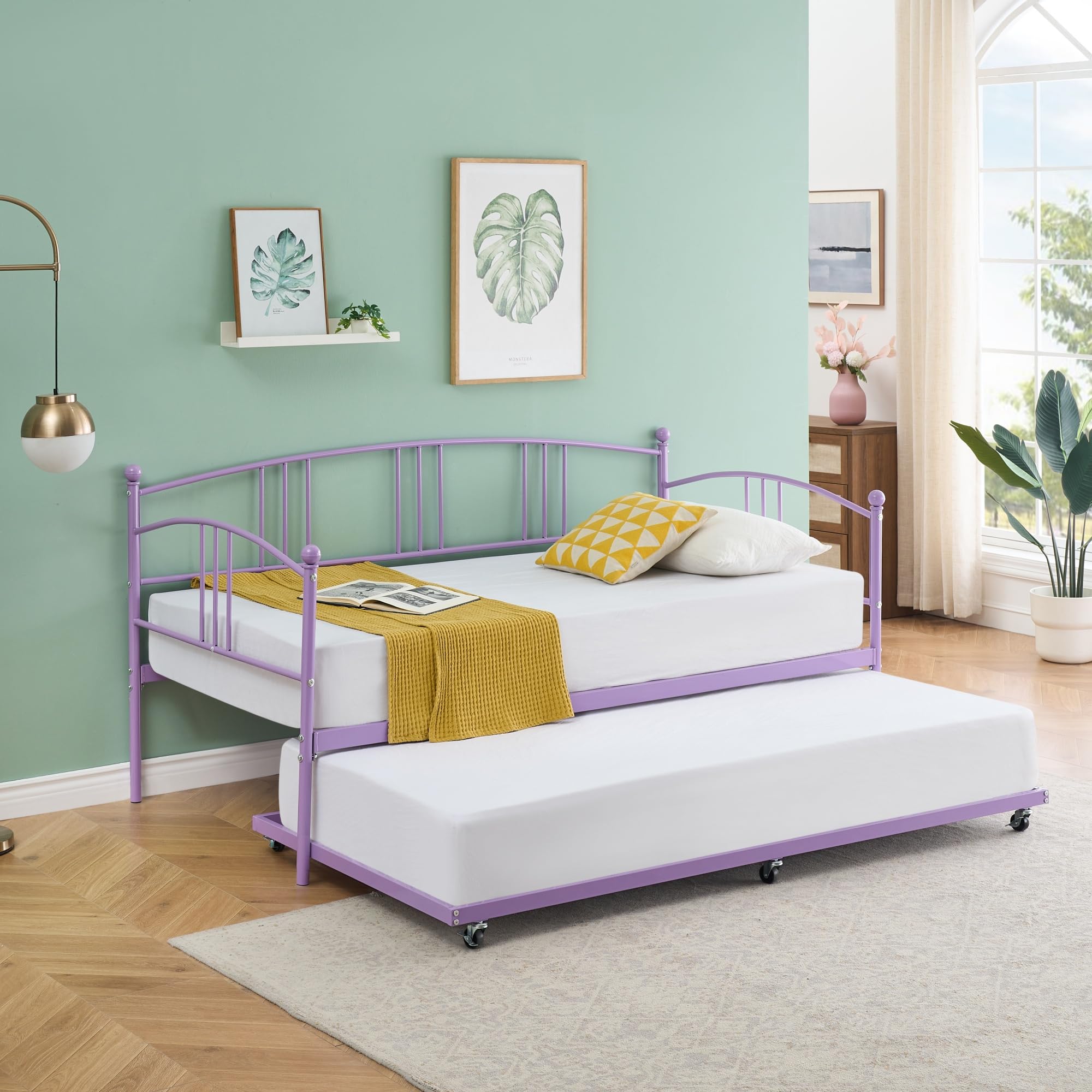 IDEALHOUSE Twin Daybed with Trundle, Metal Twin Size Daybed with Pullout Trundle 6 Casters, Steel Slat Support Sofa Bed for Living Room, Bedroom, Guest Room (Purple)