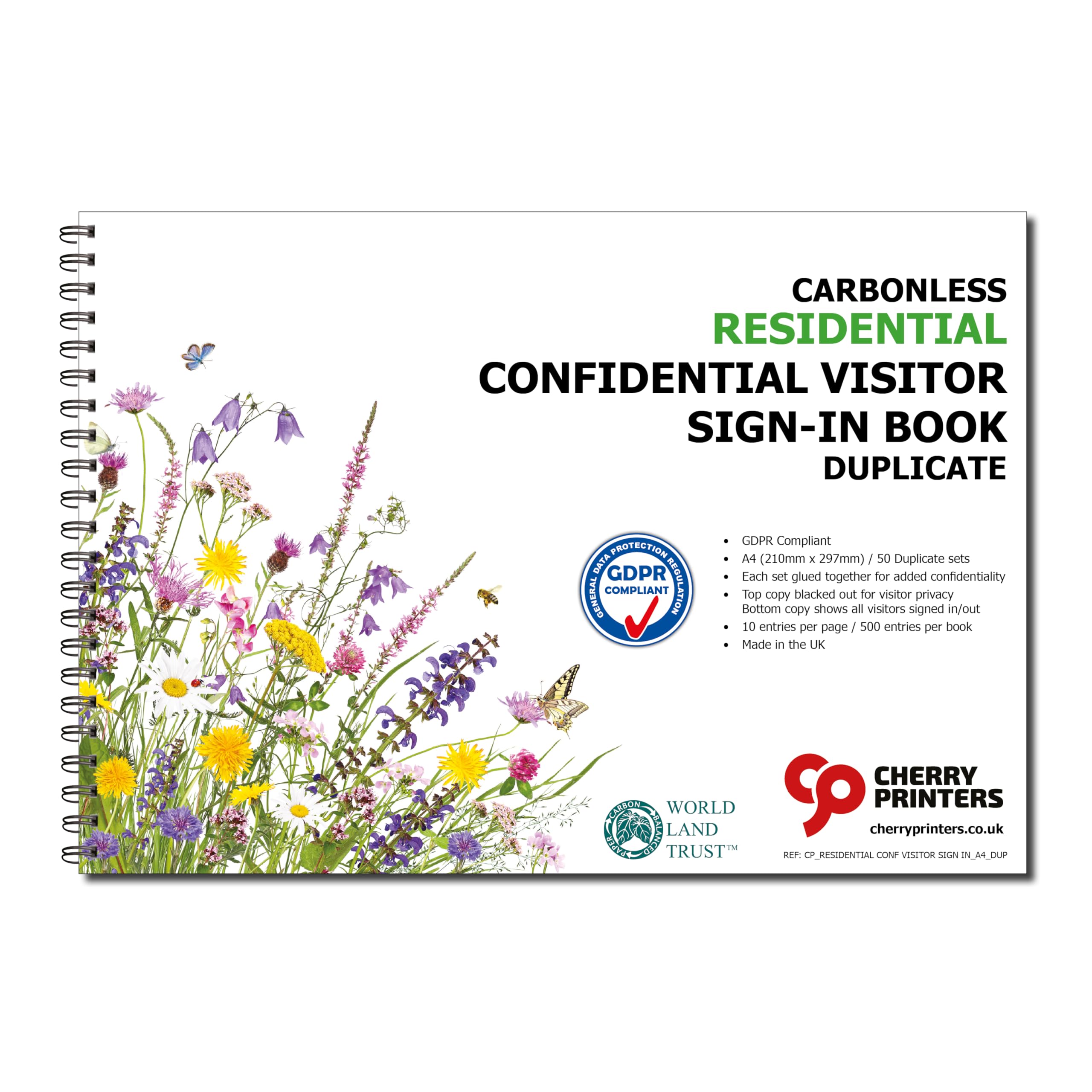 Cherry Carbonless NCR Residential Confidential Visitor Sign-in Book | 50 Duplicate Sets | A4 Size | Wiro Bound | Eco-Friendly Paper | ** 2 Pack**