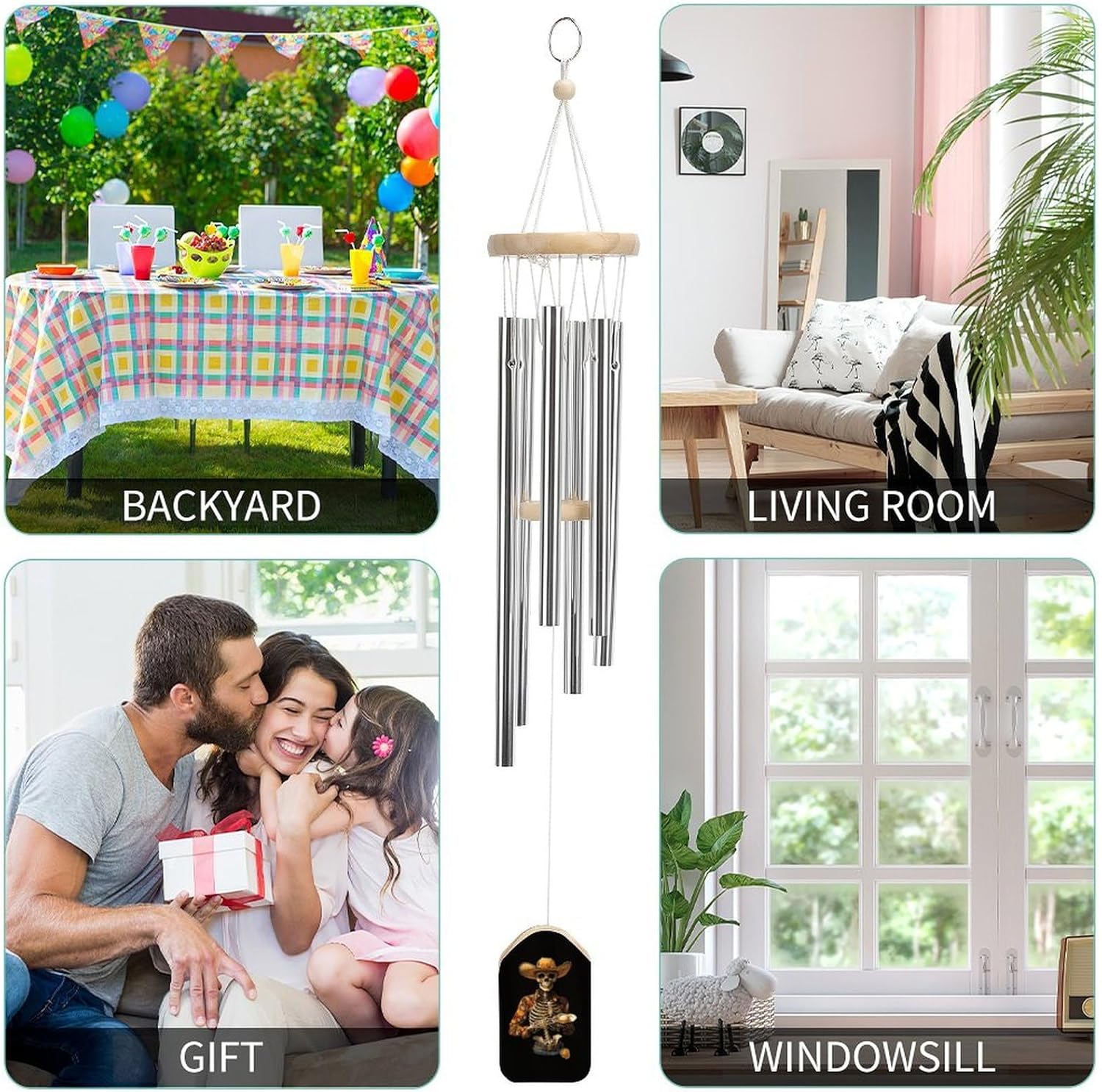 Skeleton Holding Oyster Wooden Wind Chimes Deep Tone Memorial Windchime for Outside Garden Home Decoration