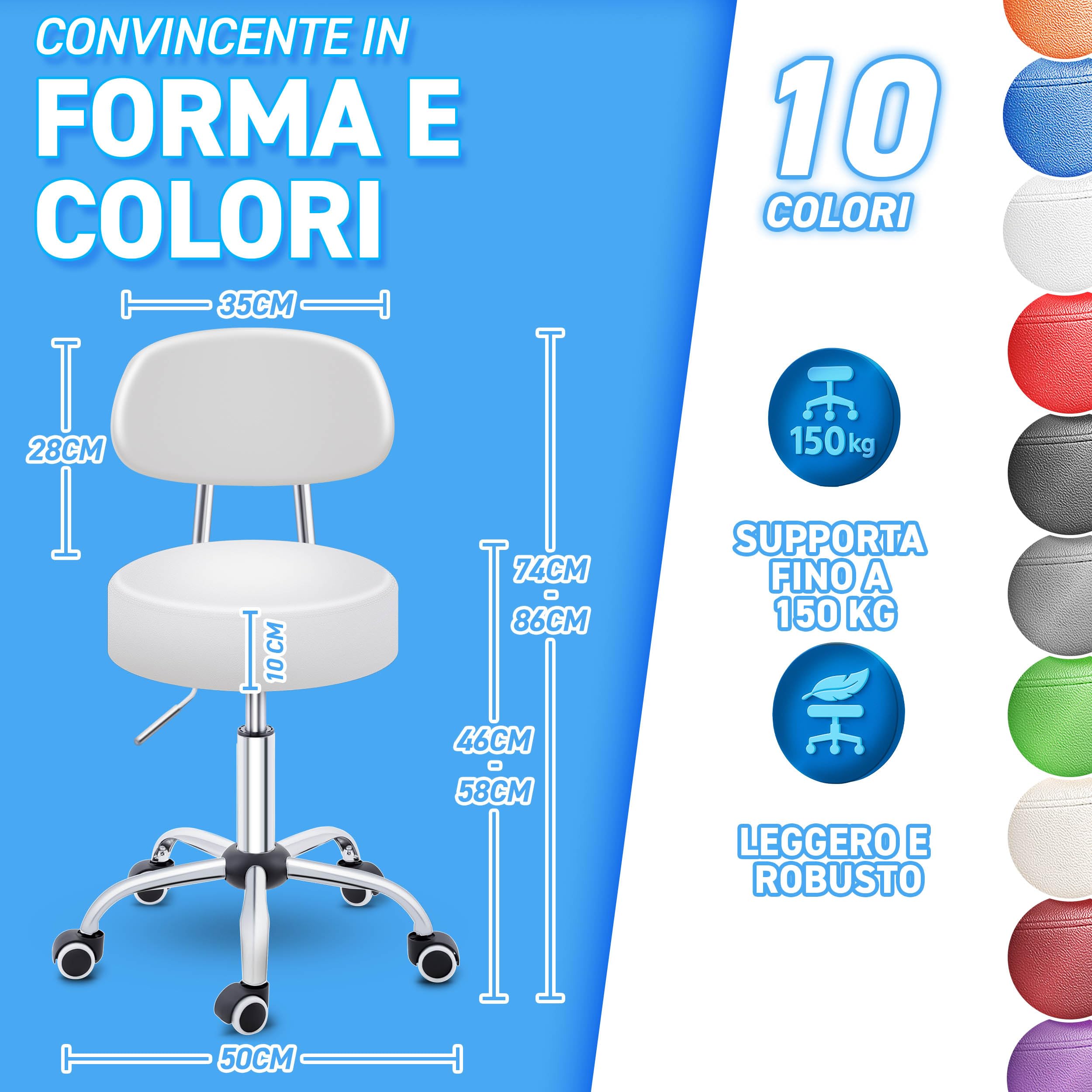 TRESKO Sgabello a rotelle con schienale bianco, regolabile in altezza 46-58 cm, sgabello girevole con ruote, sedia da ufficio, sgabello girevole per cosmetici