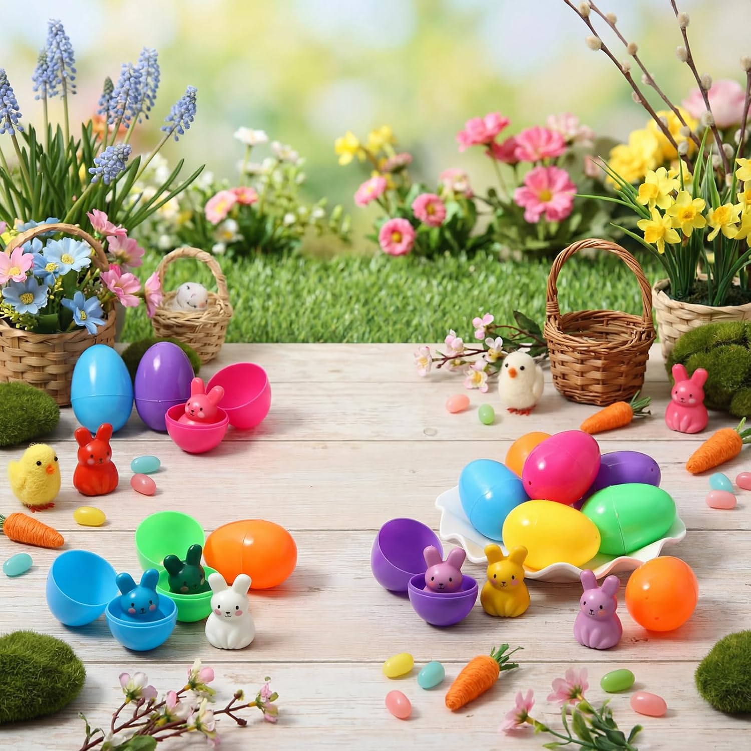 Shappy Easter Basket Stuffers 24 Pack Prefilled Eggs with Bunny Stress Balls Fidget Toys 8 Color Rabbit Relief Balls for Boys Girls Easter Egg Fillers Hunt Party Favors Gifts