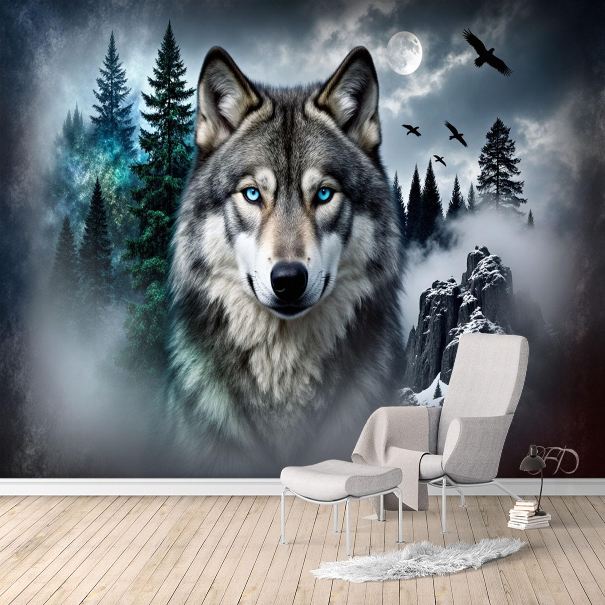 Custom Size Wall Murals, Majestic Wolf Foggy Forest Moonlit Night, SelfAdhesive Water Activated Removable Wall Covering, Large Photo Wallpaper for Living Room Bedroom Office