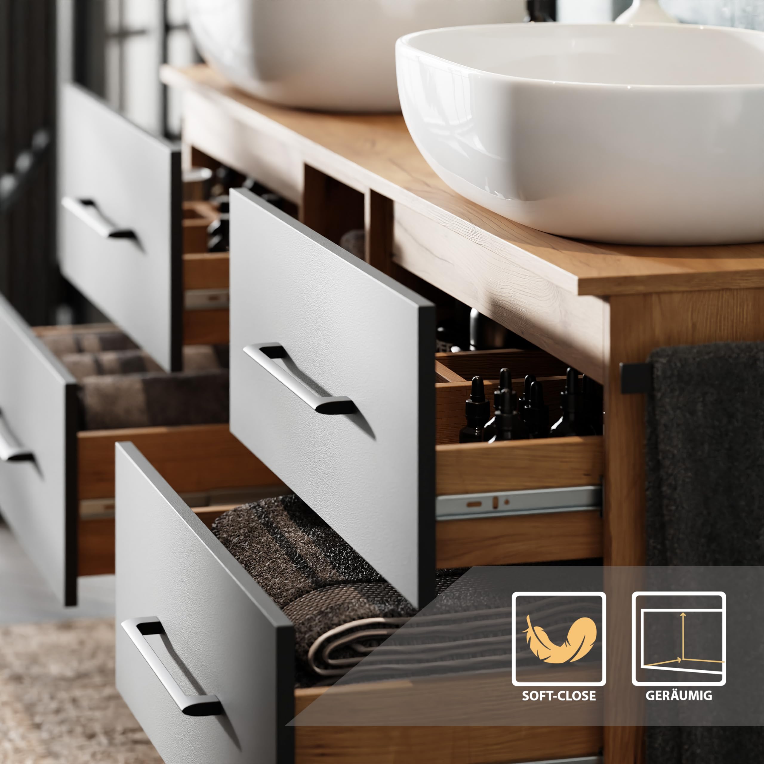 Planetmöbel Lux Set di mobili da bagno con lavabo sospeso da 170 cm e 2 lavabi da appoggio da 60 cm di colore bianco, mobili in rovere dorato/antracite