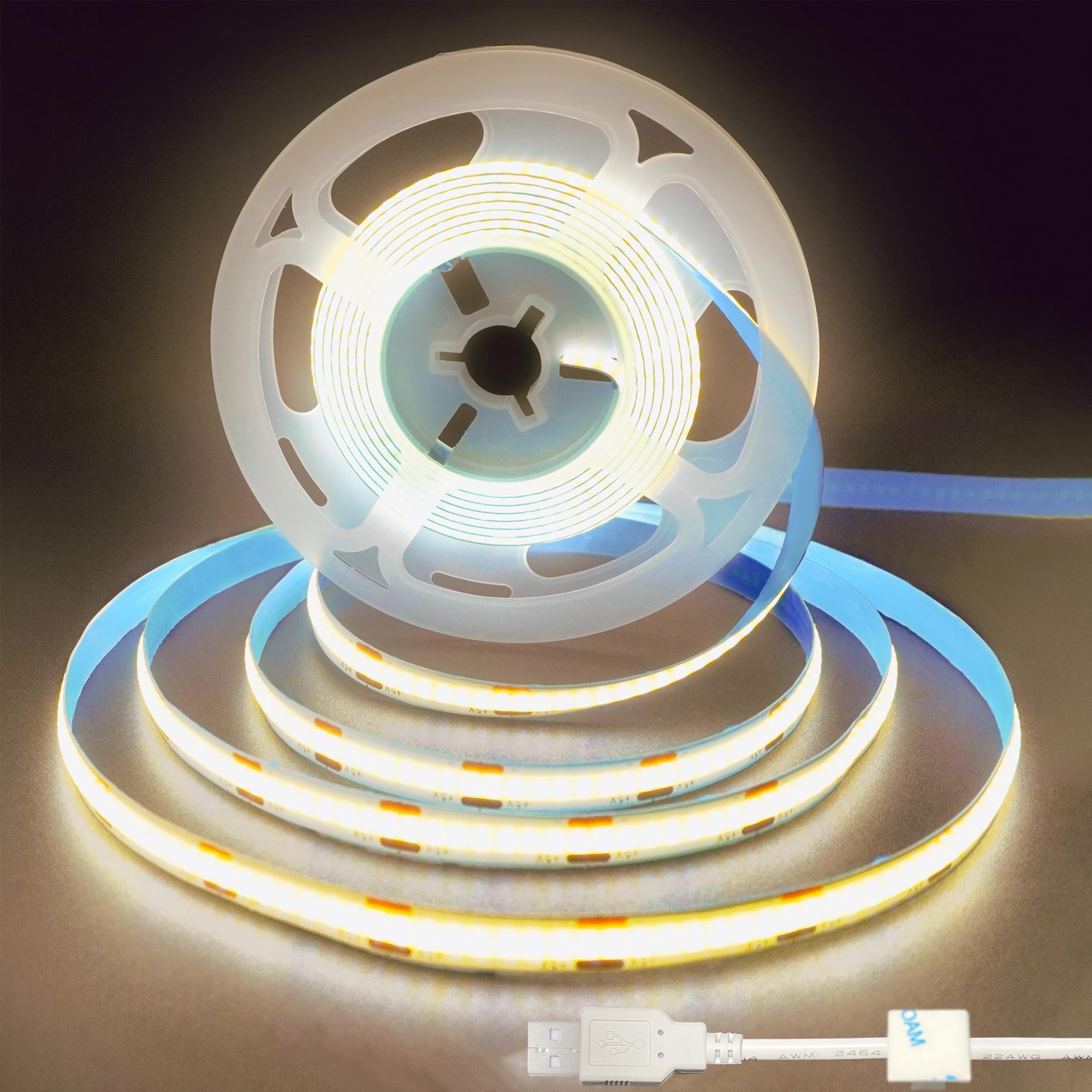 Clearhill 5V USB COB LED Strip Lights,16.4FT/5M,Natural White 4000K,320LEDs/M,8mm Width,Not Waterproof IP20,1M USB Cable,Flexible LED Tape Light for DIY Home Indoor Decoration