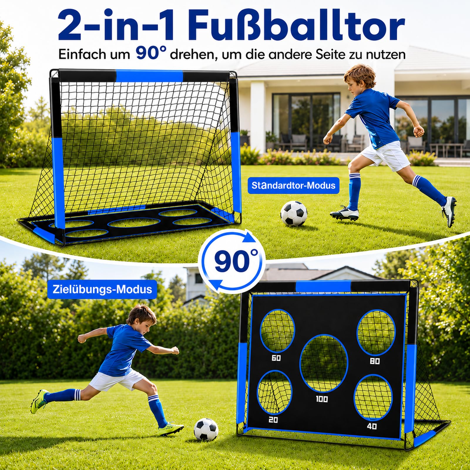2-in-1 Fußballtor für Kinder, 150 * 120cm, Tragbares & Stabiles Fussballtore mit 5 Zielbereichen, 4 Erdanker und 1 Tragetasche, Stabil für Garten, Park, Strand