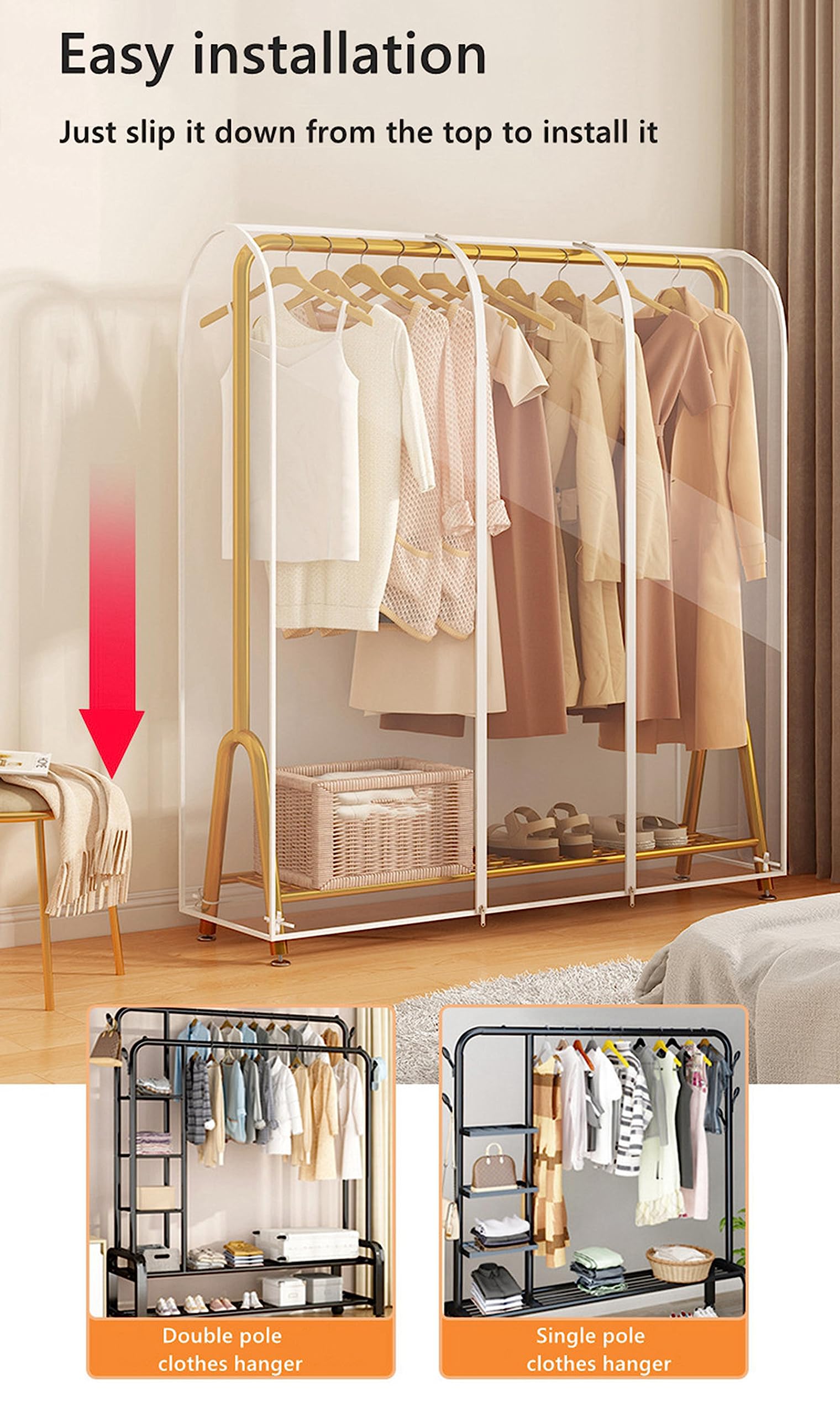 Fundas para ropa, transparente, para colgar, cubierta para perchero, con cremallmpermeable, a prueba de polvo, protector de almacenamiento para traje, abrigo, 50 x 150 x 160 cm, transparente