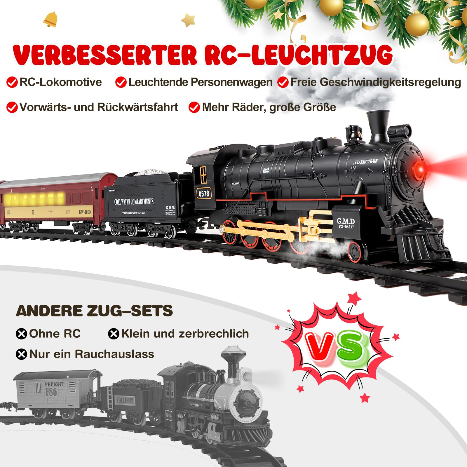 Hot Bee Elektrisch Weihnachtszug, Fernbedienung Dampflok Kinder mit Licht, Sound & Dampf, Strecken, Kinder & Erwachsene, Zug Spielzeug