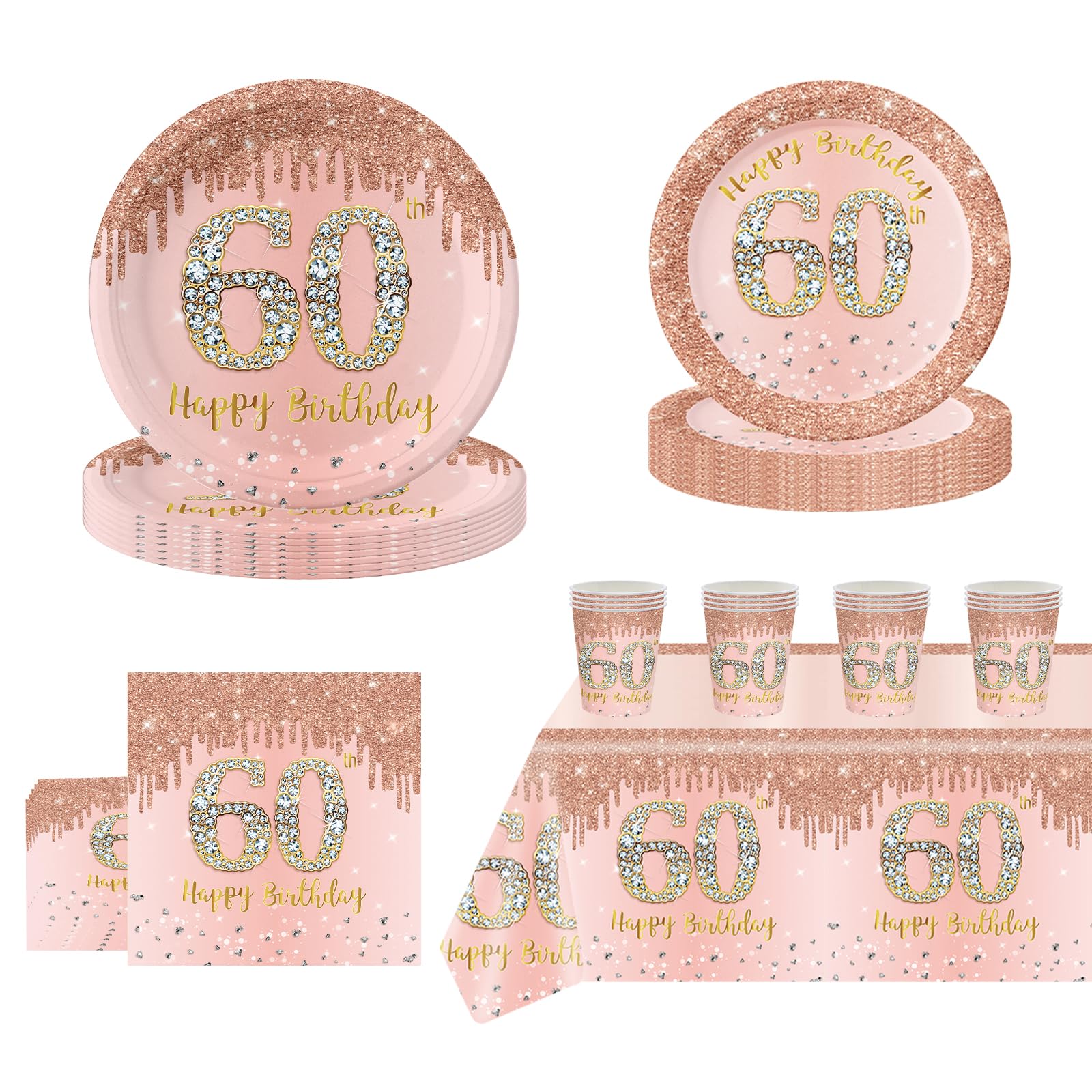 MORAINJAY Set di Stoviglie per Compleanno 60 Anni 70 Pezzi, Piatti di Carta Oro Rosa, Bicchieri, Tovaglioli, Bandiere di Carta, Decorazione da Tavola per Compleanno 60 Anni per Uomo Donna