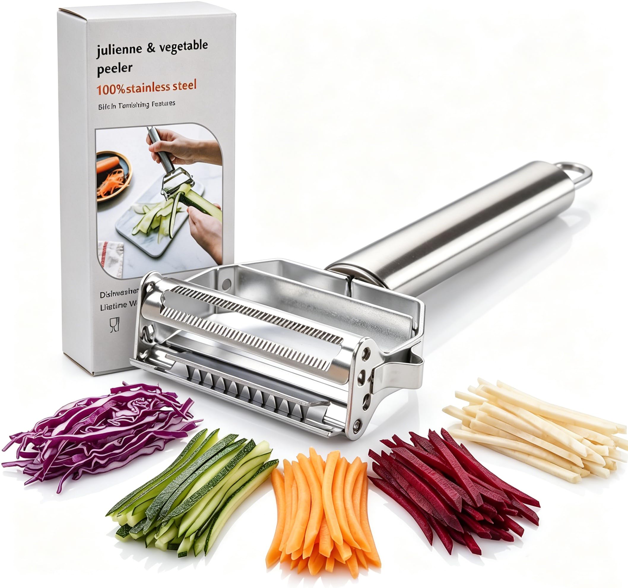 Multifunction Julienne Peeler, Stainless Steel Double Planing Blade Tool | 3-in-1 vegetable peeler,Julienne & peel,Quick veg prep,Home cooks,For everyday cooking,easy clean,Rustproof,Dishwasher Safe