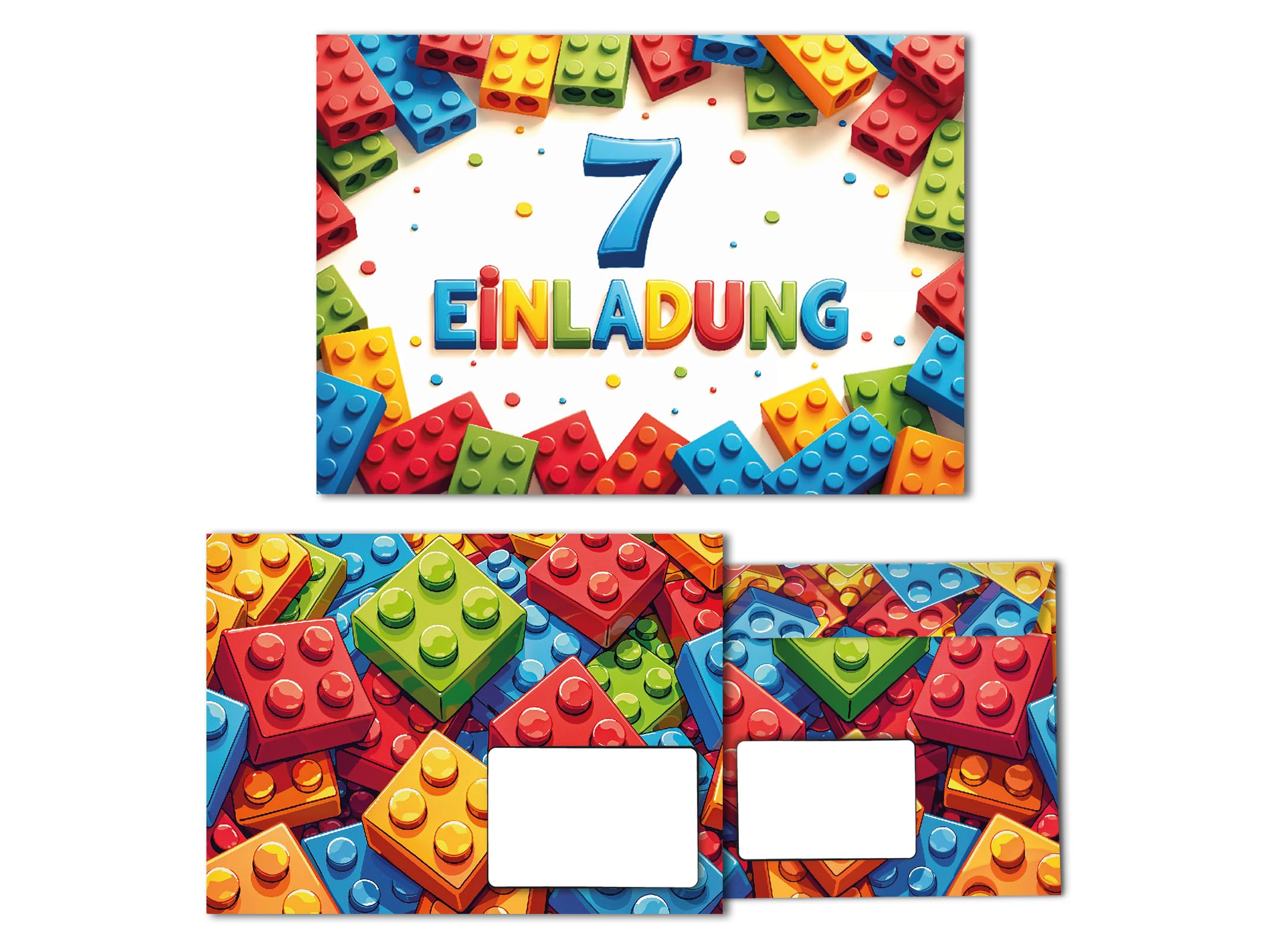 Junaversum 8 Einladungskarten inkl. 8 Umschläge zum 7. Kindergeburtstag Bausteine Kinder Jungen Mädchen coole bunte Einladungen siebte Geburtstag Geburtstagseinladungen Kids