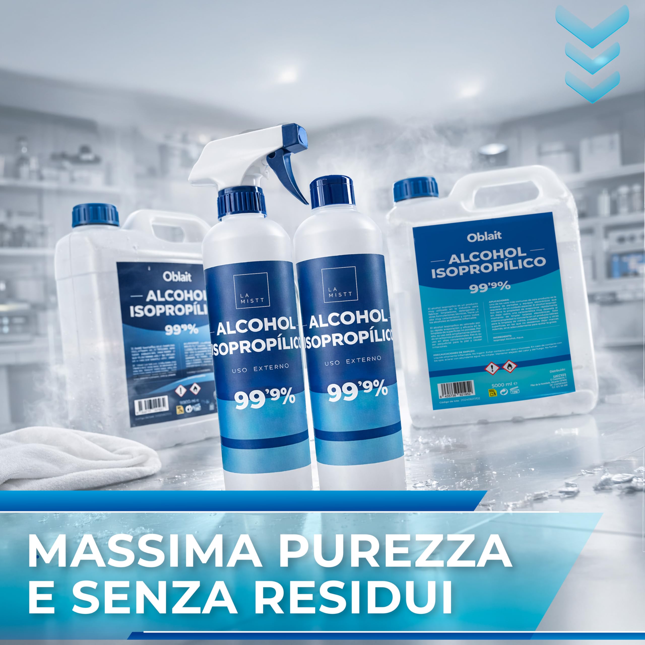 Alcol Isopropilico 99,9% Puro 5L + Bottiglia Spray Ricaricabile 250 ml | Isopropanolo | Pulizia di Componenti Elettronici e Superfici