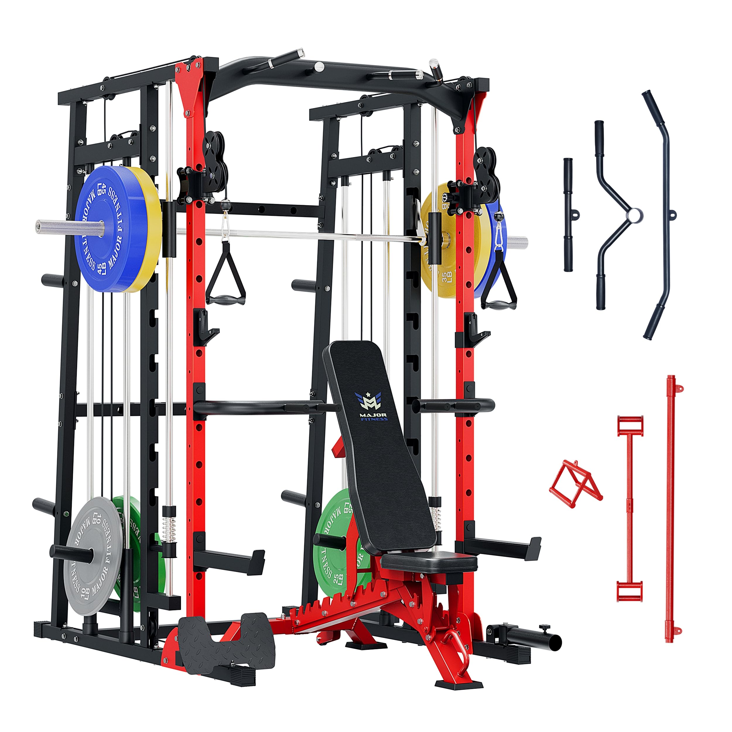 Major Fitness SML07 Machine All-in-One Home Gym Power Cage with Weight Bar and Two LAT Pull-Down Systems and Cable Crossover Machine, Exercise Attachment