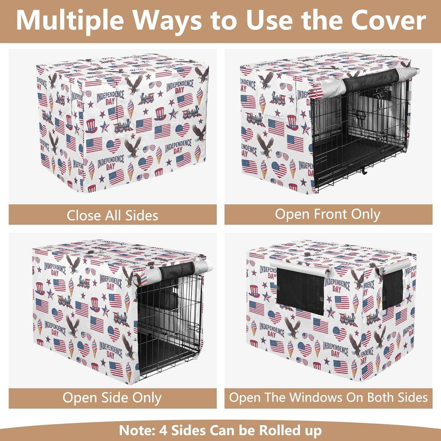 Duty 600D Silver Coated Dog Crate Cover, Water-Resistant Independence Day Elements Pet Kennel Canopy with Mesh Windows for Optimal Ventilation, Universal Fit for Standard Wire Cage, Indoor & T