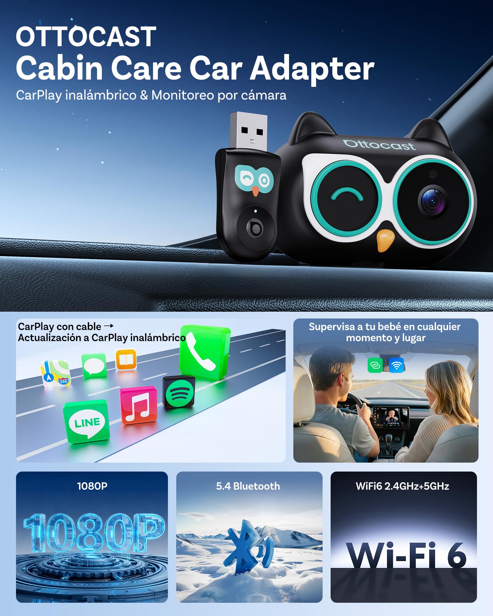OTTOCAST Cabin Care, Adaptador CarPlay Inalámbrico con Cámara 2026, Cámara Bebé para Coche, Monitor Bebé CarPlay en Pantalla Original, Pantalla Dividida & Pip, Visión Nocturna 1080P, Plug & Play