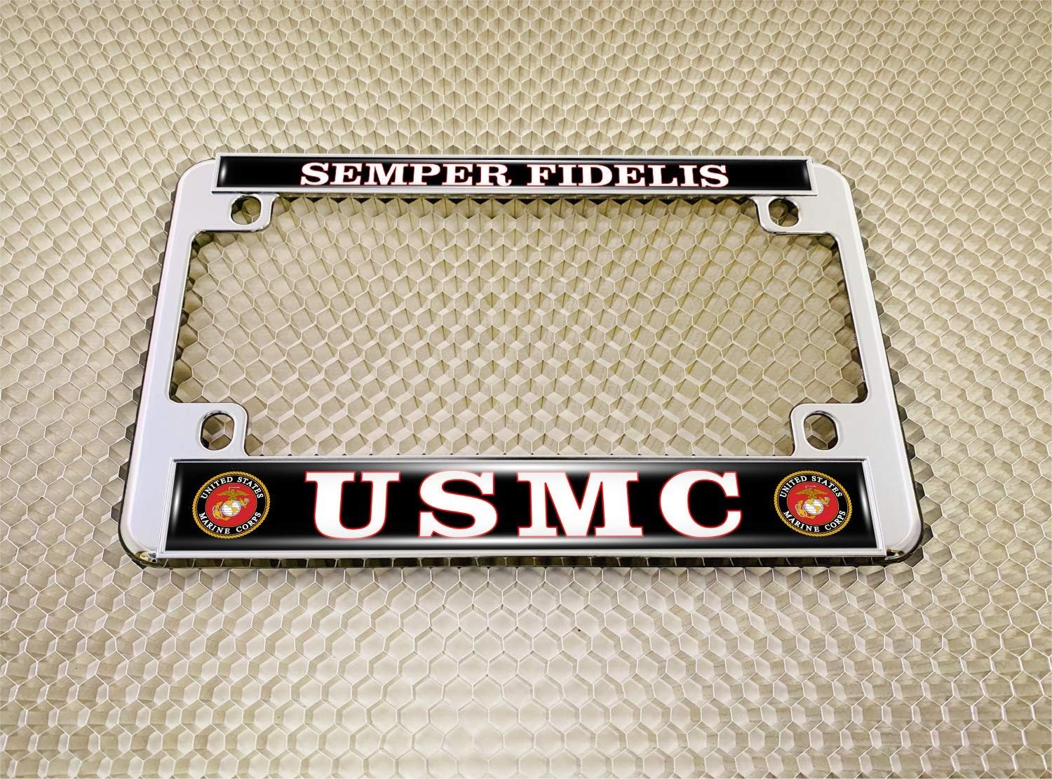 [Officially Licensed US Marine Corps Product] - Motorcycle Domed Custom-Made Personalized Metal License Plate Frame Frame with USMC Semper Fidelis Design - Chrome