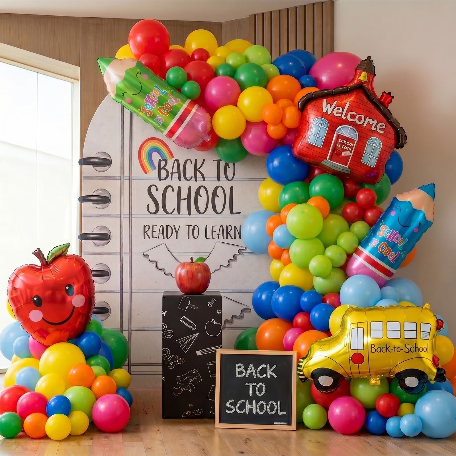 back to school balloons hot pink and red yellow green balloon garland arch kit 130+pcs with school bus classroom apple mylar balloon for back to school Birthday party decorations