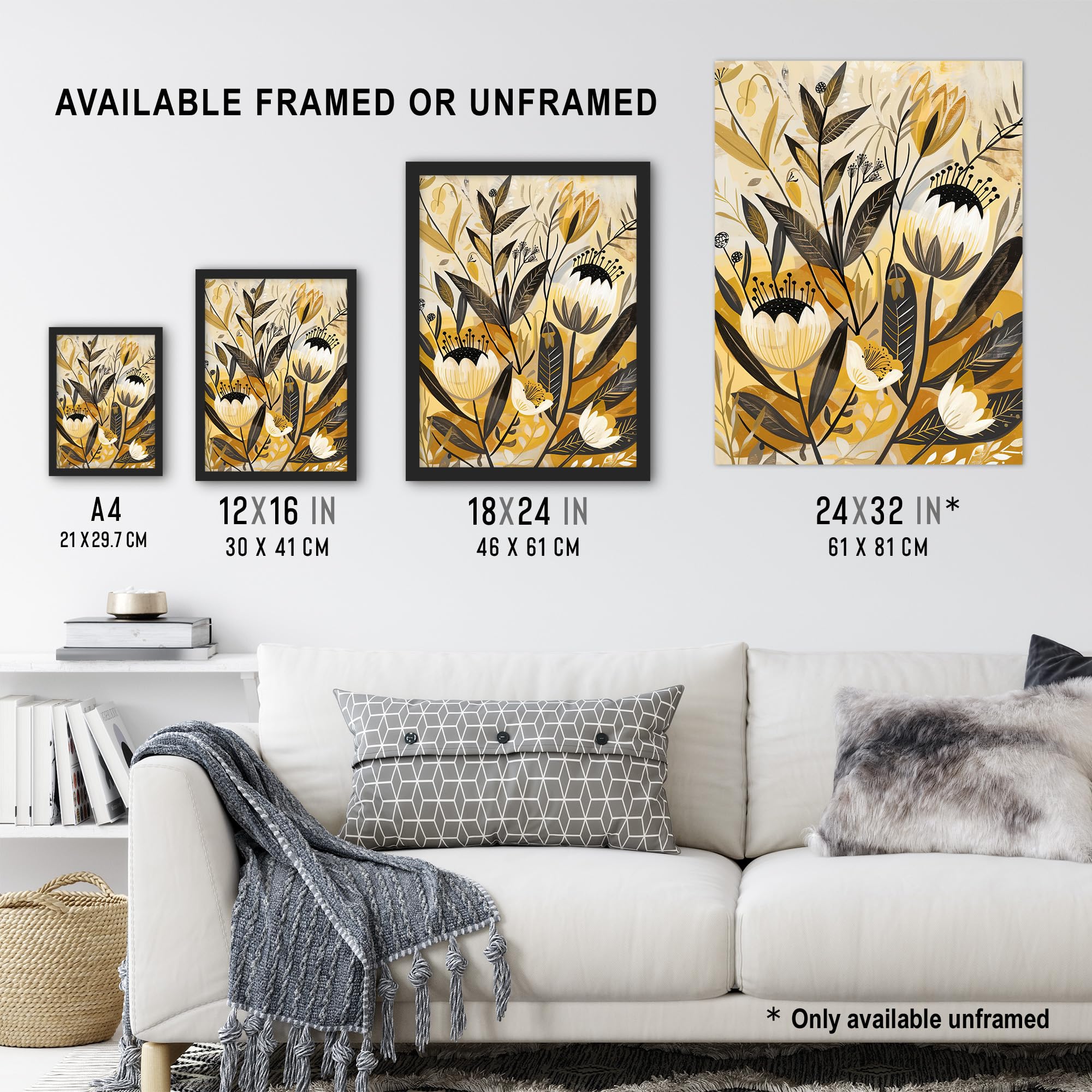Artery8 Anemone Flowers Mustard Yellow Grey Boho Design Living Room Large Wall Art Poster Print Thick Paper 18X24 Inch - Image 3