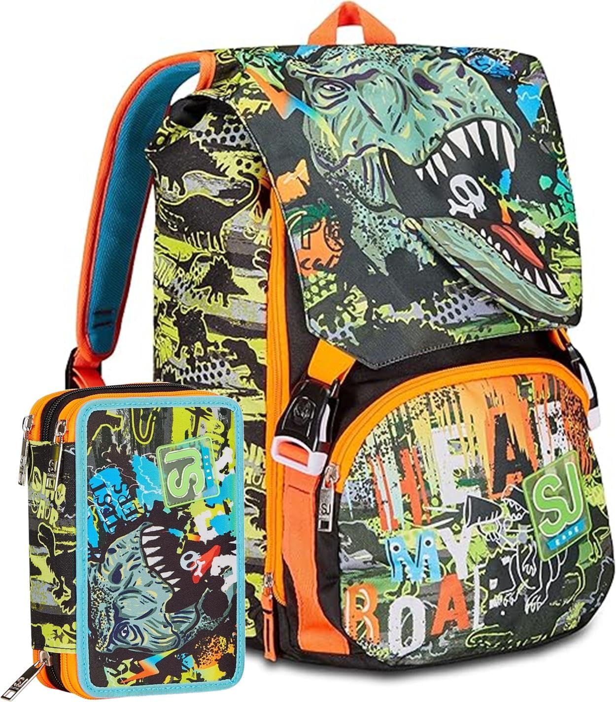 Seven. Schoolpack Zaino Scuola SJ Gang Boy Estensibile T-Rex + Astuccio 3 Zip Completo con Portachiavi