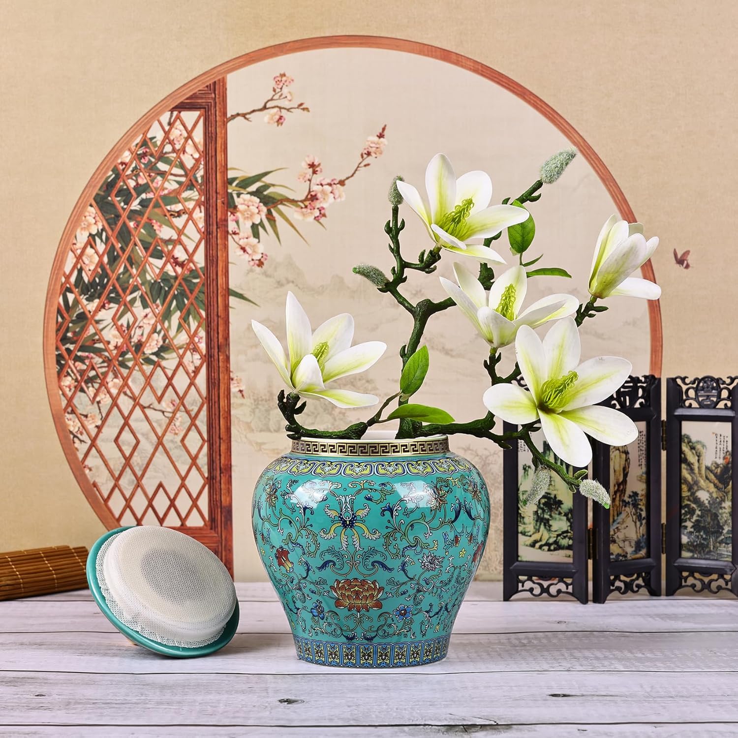 Handcrafted Enamel Ginger Jar-Vibrantly Colored Chinoiserie Vase,Blue and White Porcelain Ceramic Decorative Jar with Lid for Home Decoration and Storage (General Green)