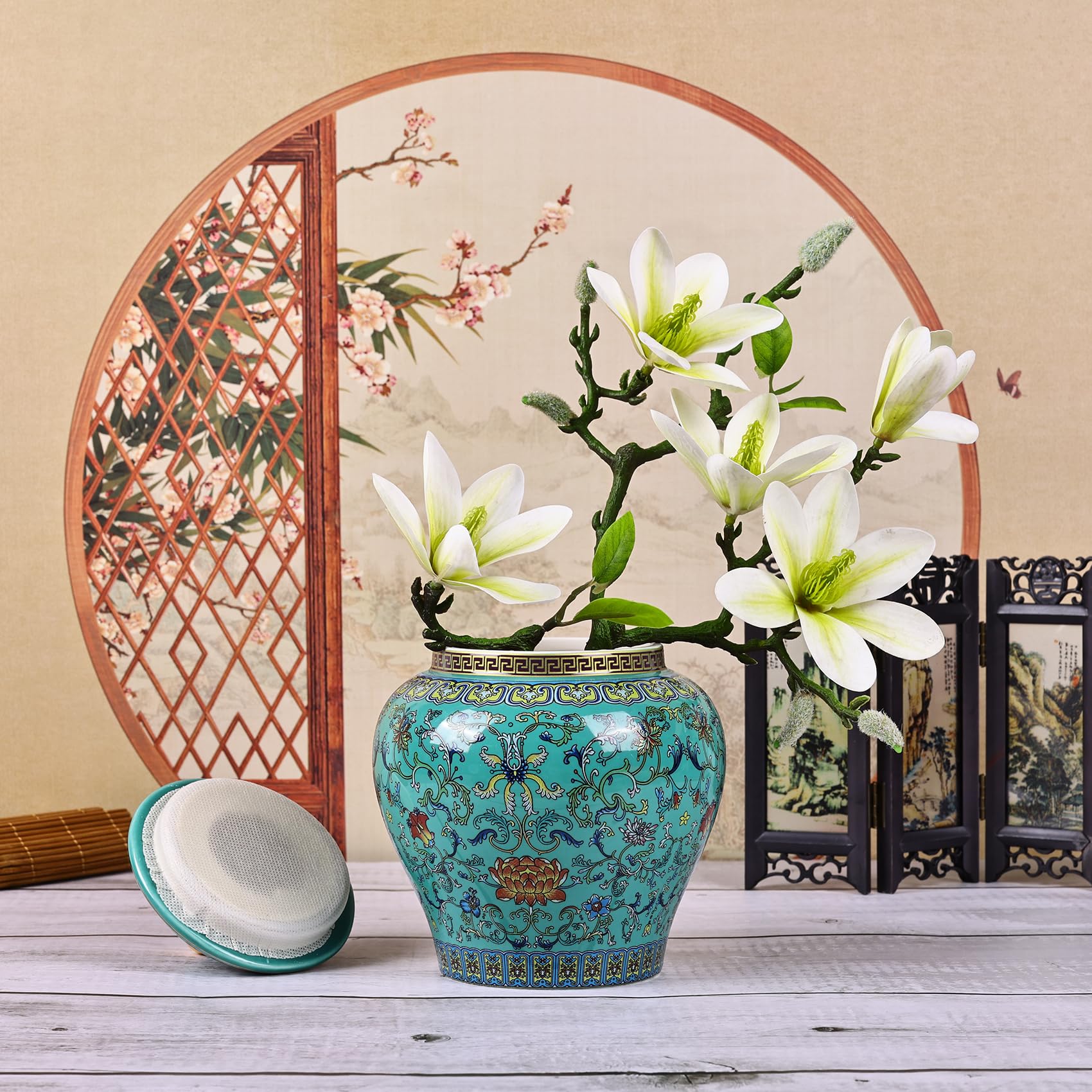 Handgefertigtes Emaille-Ingwergefäß - Lebhaft gefärbte Chinoiserie-Vase, blau-weiße Porzellan-Keramik-Dekorgefäß mit Deckel für Heimdekoration und Aufbewahrung (General Green)