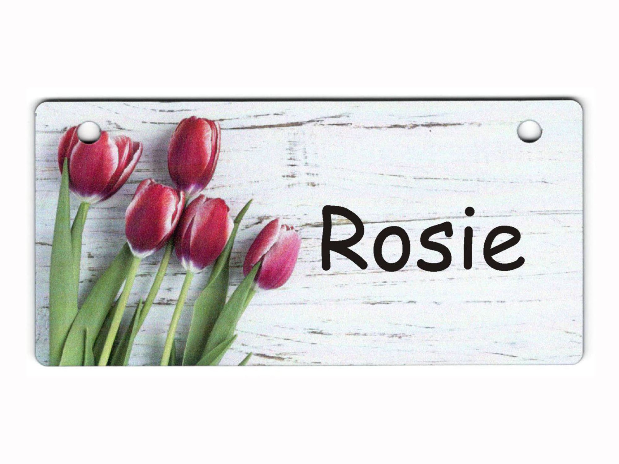 Personalized Pet Crate Tags 5x2½ inches - Customize - Choice of 21 Unique Designs (Red Tulips on White Design)