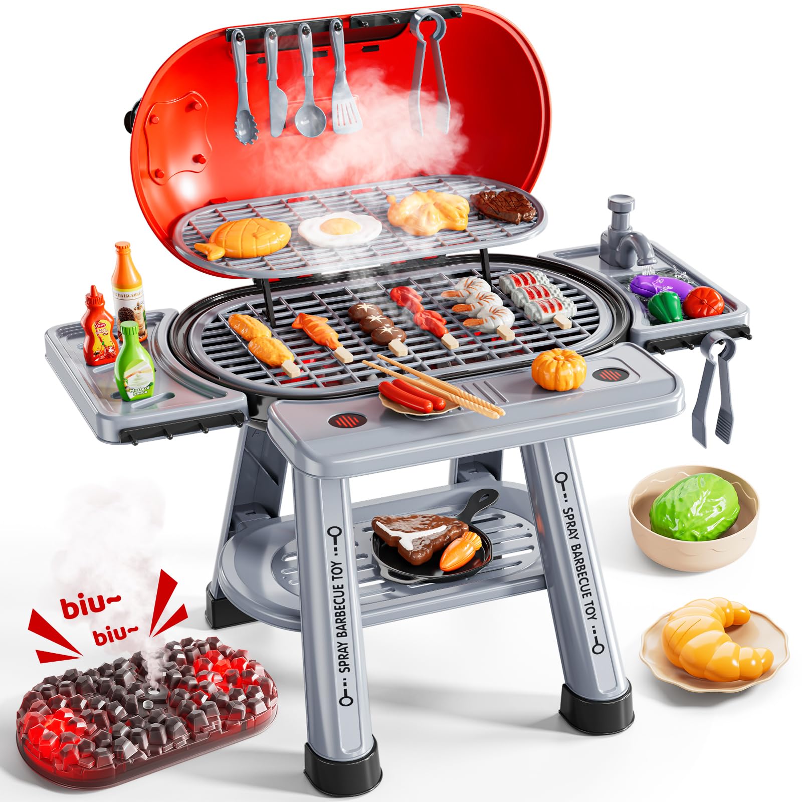 NIPLOOOW Kids Kitchen Toy Set, Kids BBQ Grill Kitchen Playset with Smoke, Sound & Light, 2-Layer Barbecue Indoor Outdoor Play Grill Toy Gift for