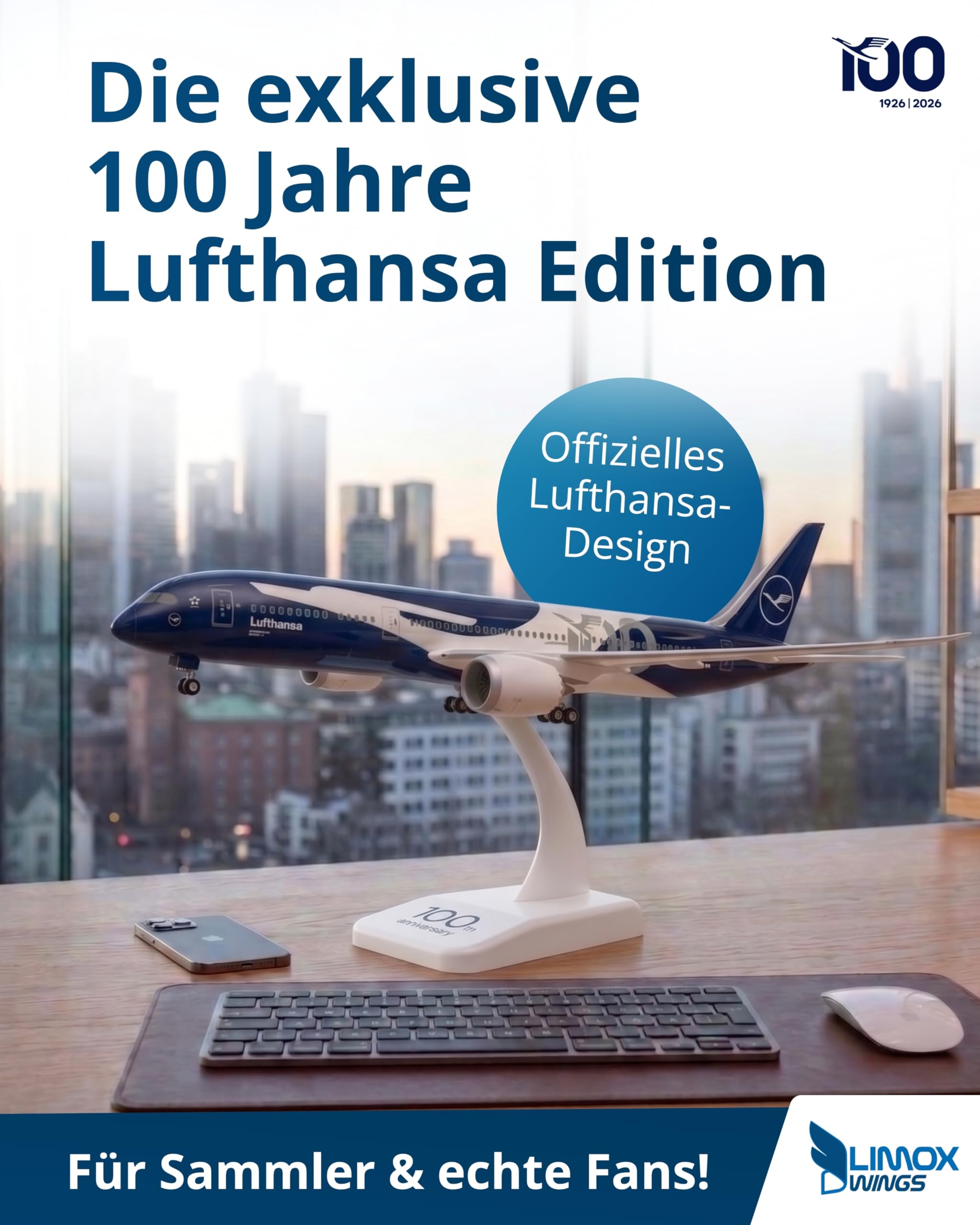 Limox Boeing 787-9 D-ABPU - 100 Jahre Lufthansa Jubiläumsedition I 1:200 Modellflugzeug mit Fahrwerk & Standfuß I Jubiläumsmodell I Limitiertes Flugzeugmodell für Sammler & Luftfahrtfans