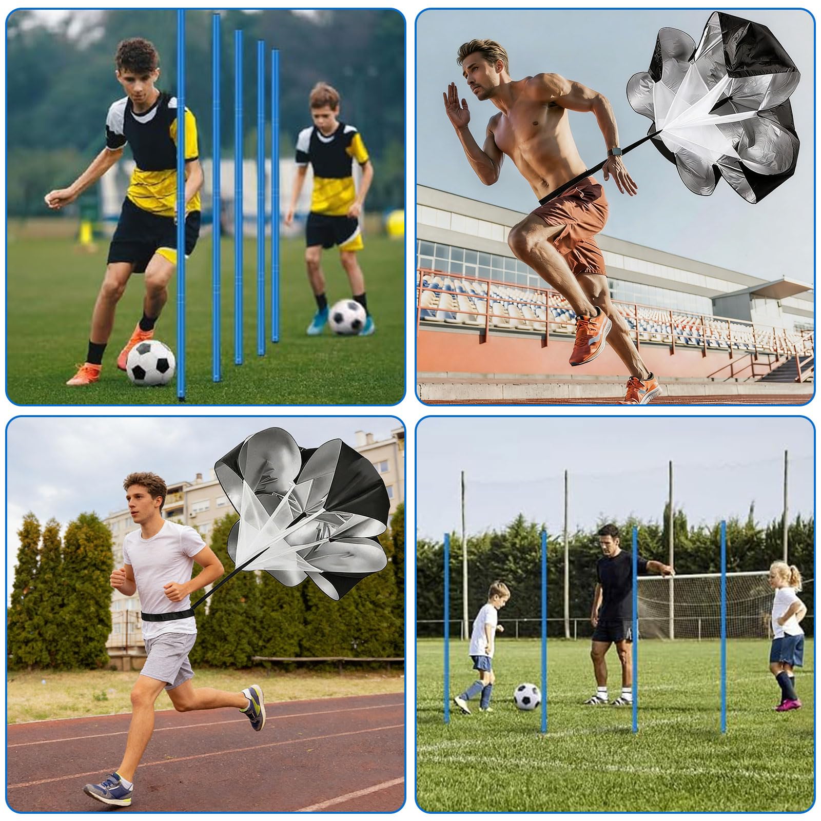 Barres de slalom - Accessoires d'entraînement de football - Kit d'entraînement de football avec 6 pôles slalom, échelle de coordination 6 m, 12 cônes, corde à sauter et parachute de
