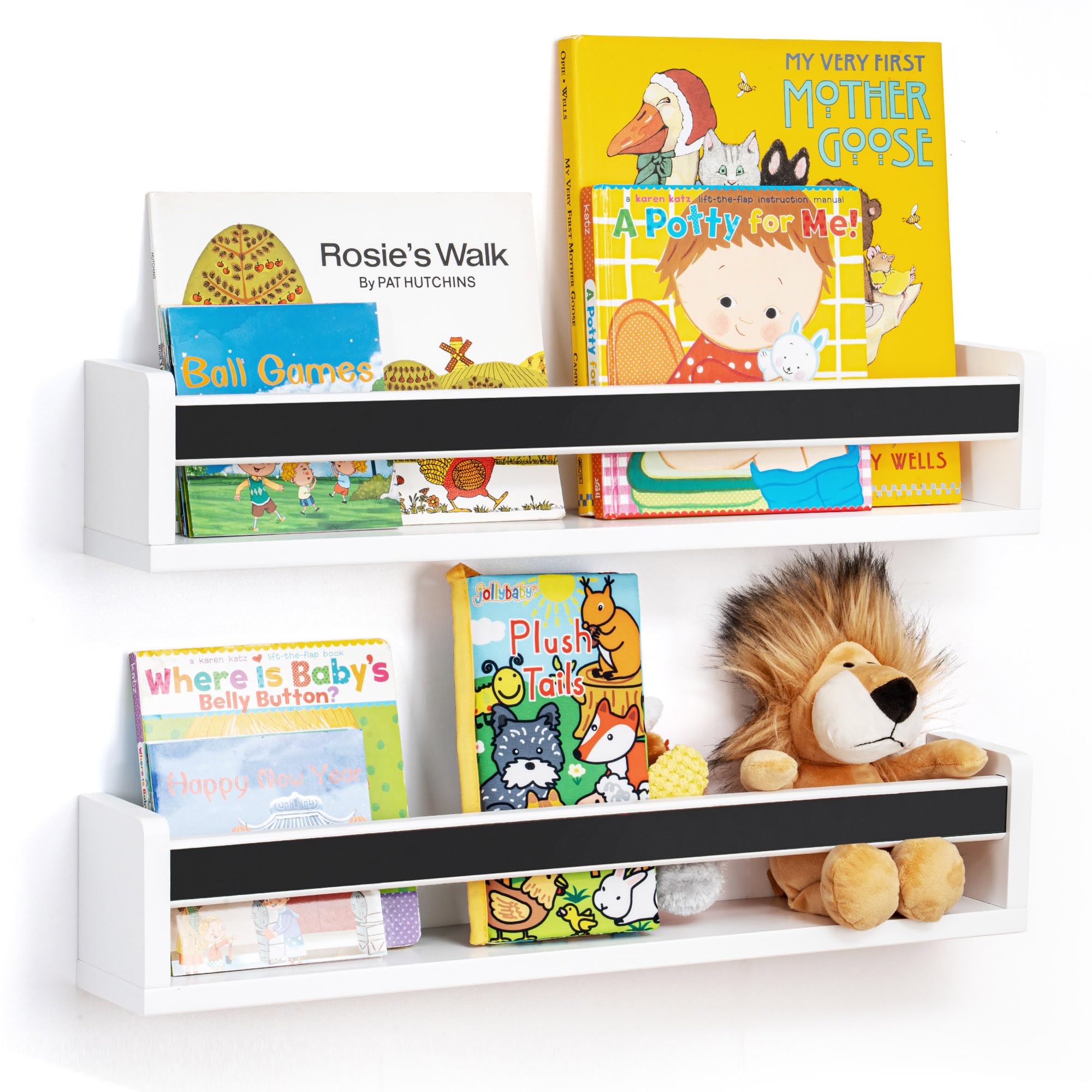 Fun Memories Nursery Book Shelves, Rustic Wood Floating Shelves for Kids with Chalkboard, Book Shelves, Set of 2, Farmhouse White 24 Inch