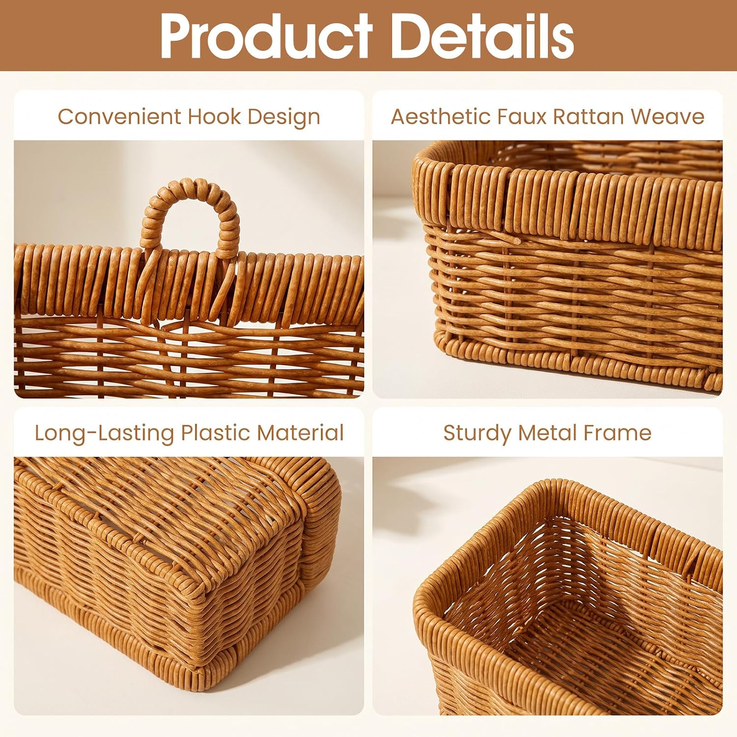 2 Pcs Wall Hanging Basket Set Hanging Wicker Basket with 4 Hooks Brown
