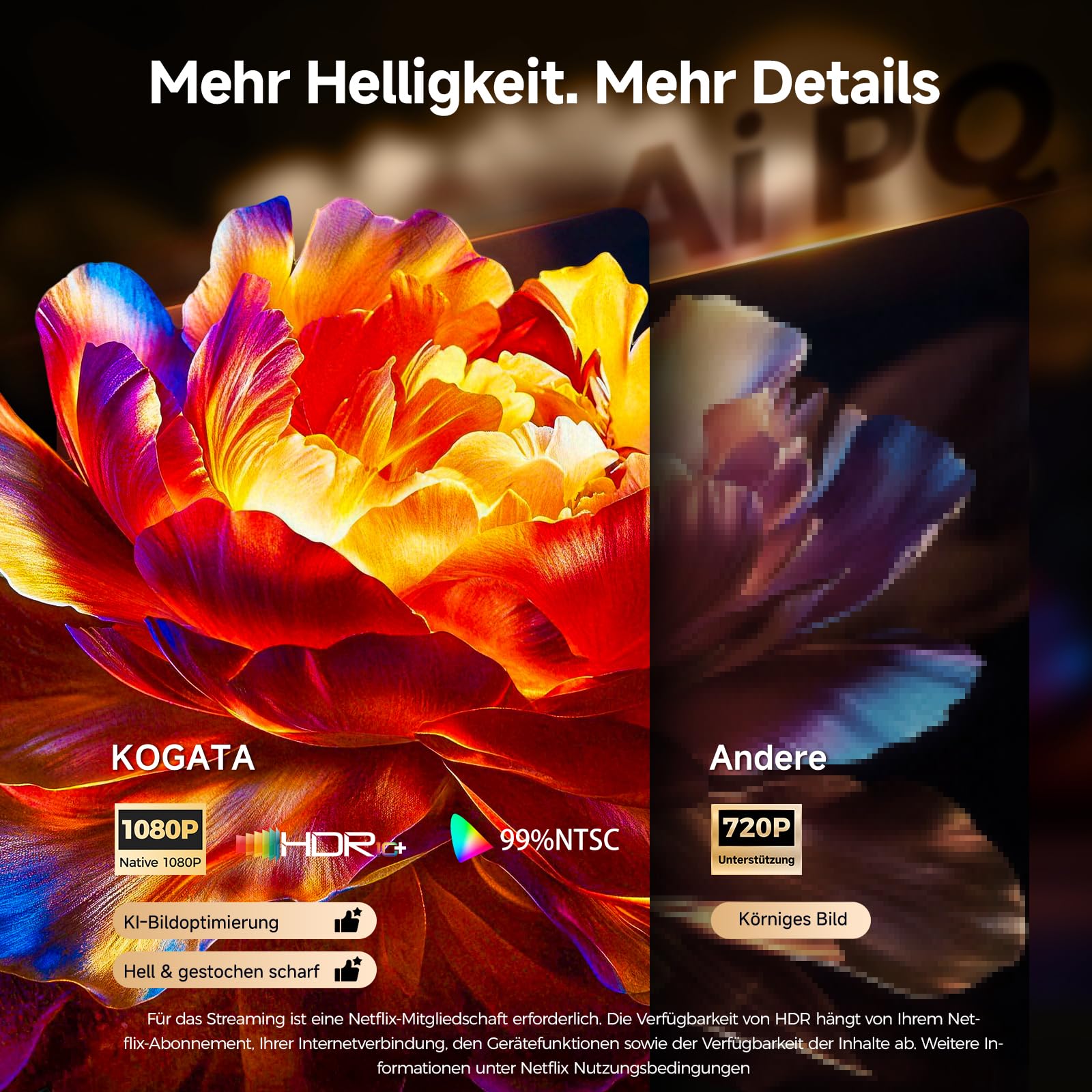 4K Smart Beamer mit WLAN & Bluetooth, KOGATA Projektor mit Autofokus, 6D Keystone, HDR10+ | Kompatibel mit Netflix-App & Dolby Audio | Heimkino Beamer für Garten & Streaming ohne TV-Stick