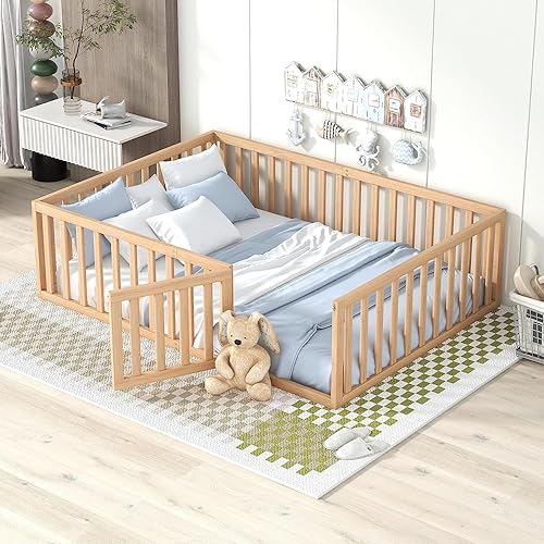 Miniatura 79 de Harper & Bright Designs Cama de suelo tamaño Queen con barandillas de seguridad y puerta, marco de madera para niñas/niños, cama Montessori para