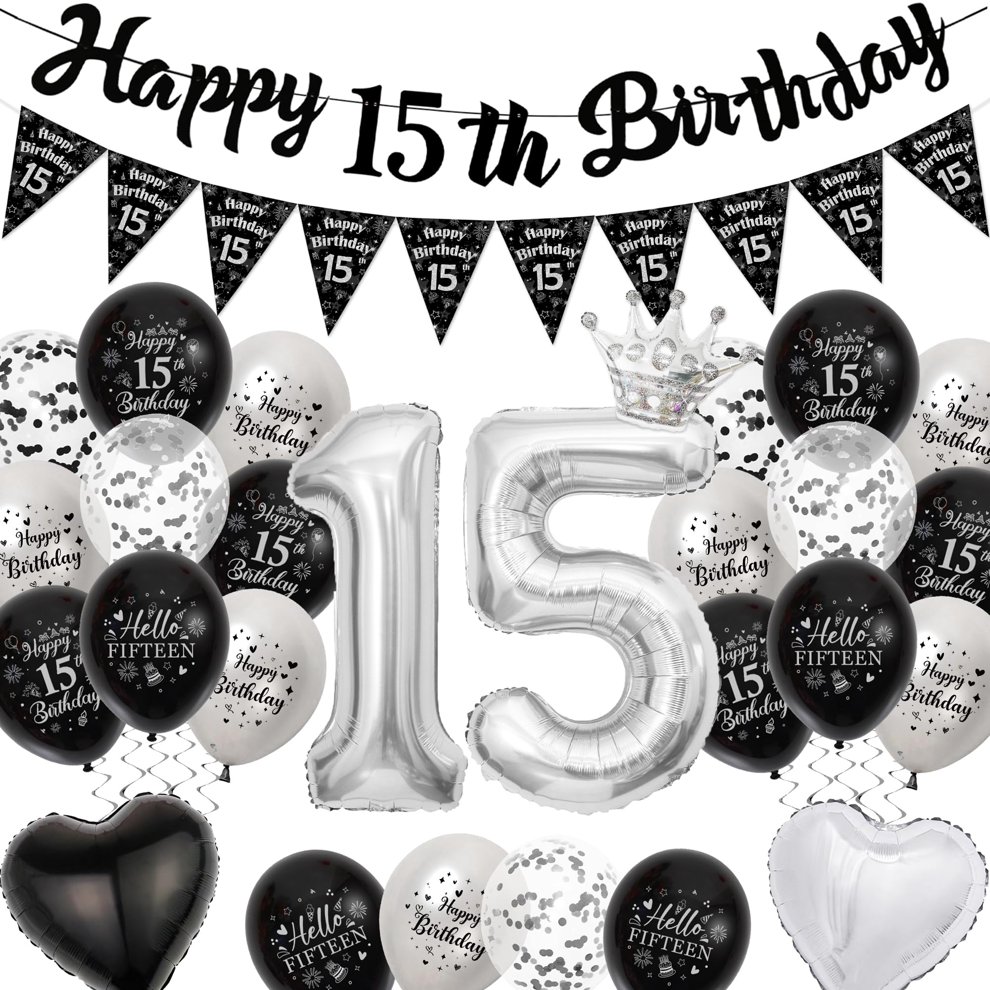 Happy 15th Birthday Party Decorations - Black and Silver Banner Pennant Number 15 Balloons for Boys and Girls, Latex Balloon with Ribbon for 15 Year Old Party
