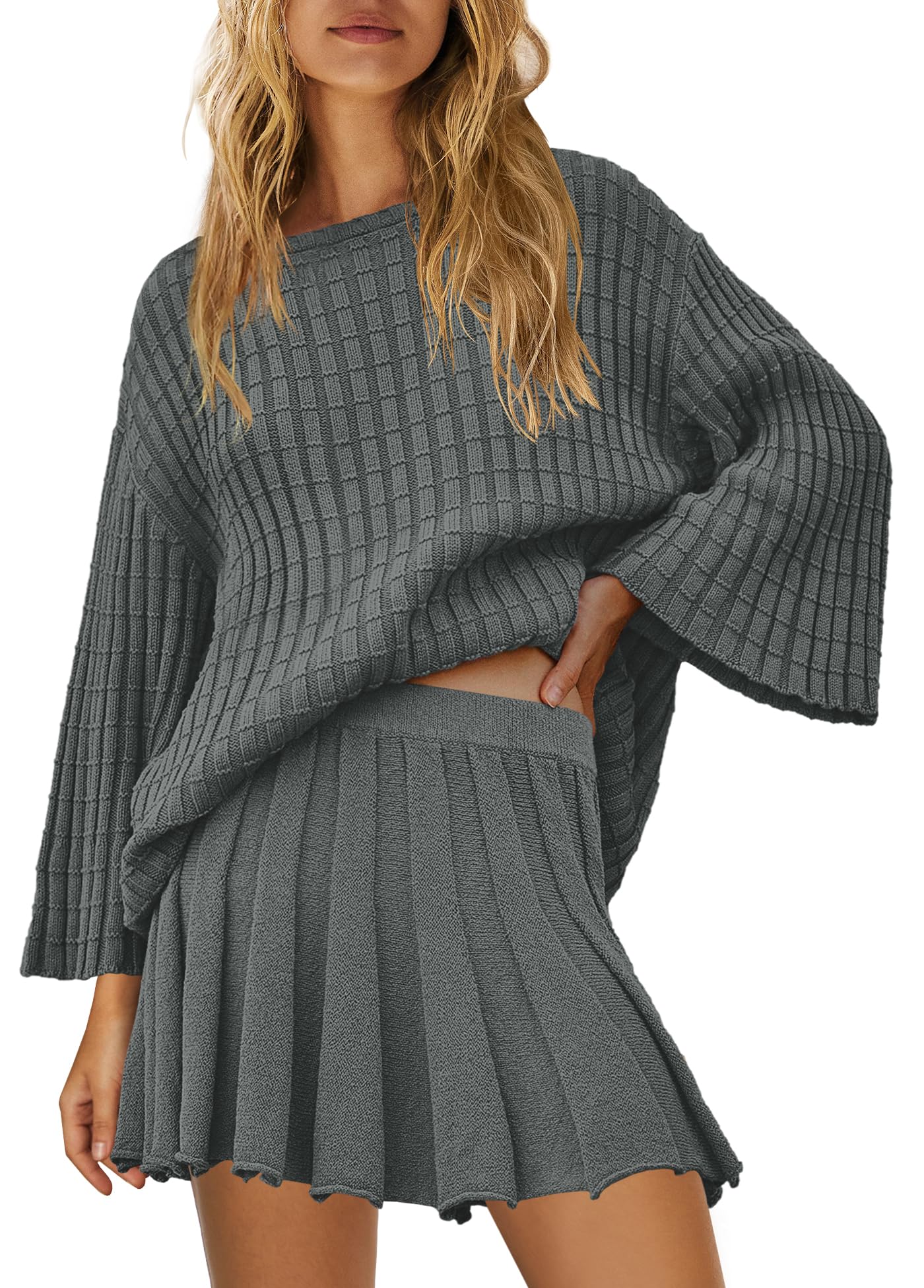 SENSERISE Fall Sweater Sets Skirt Sets Women 2 Piece Outfits Long Sleeve Top and Skirts Set Loungewear