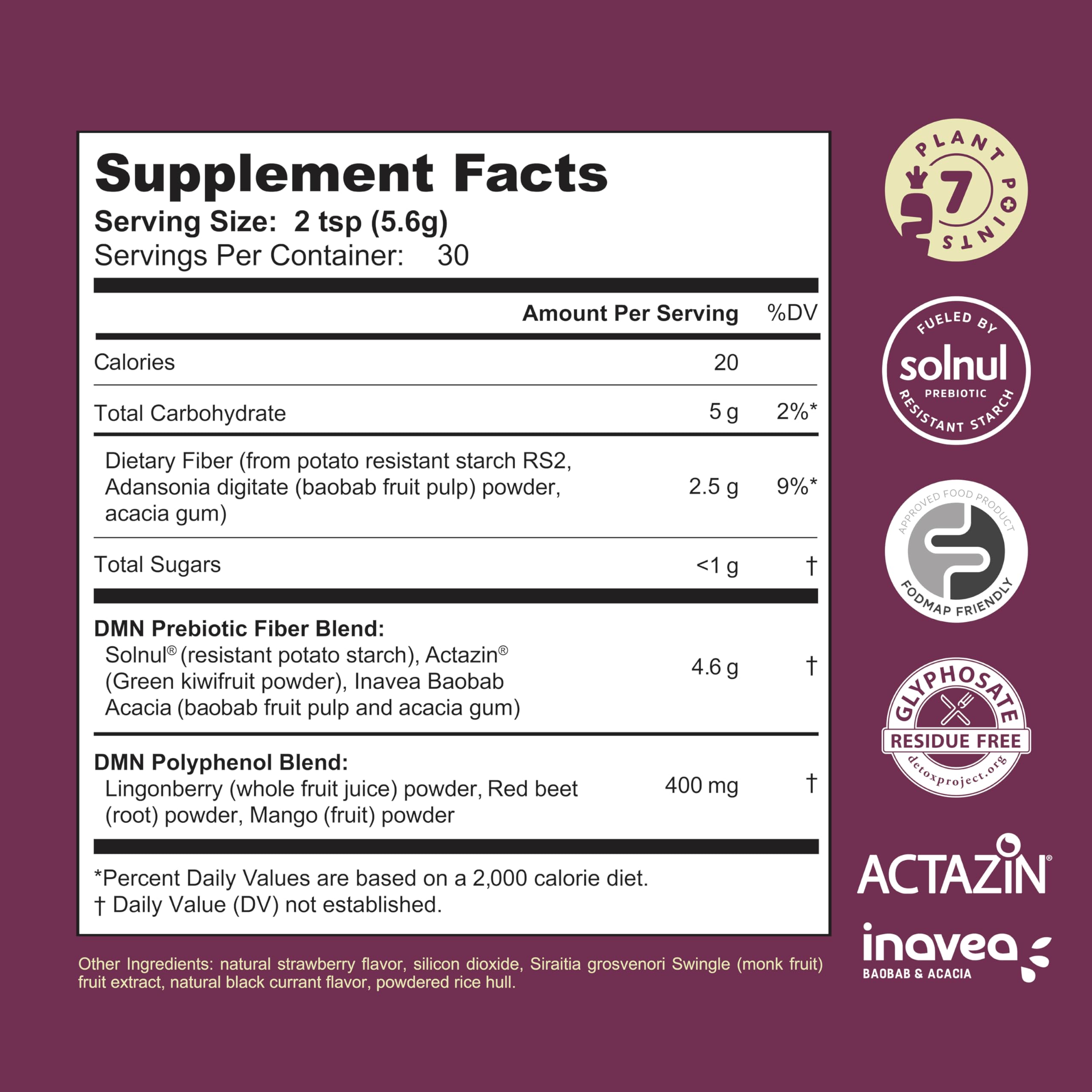 DMN (Daily Microbiome Nutrition), 6 Oz, Plant-Based Fiber Powder with 3 Different Prebiotics, Helps Digestive & Gut Health, Low FODMAP Supplement, Vegan, Wild Berry Flavor, 30 Servings