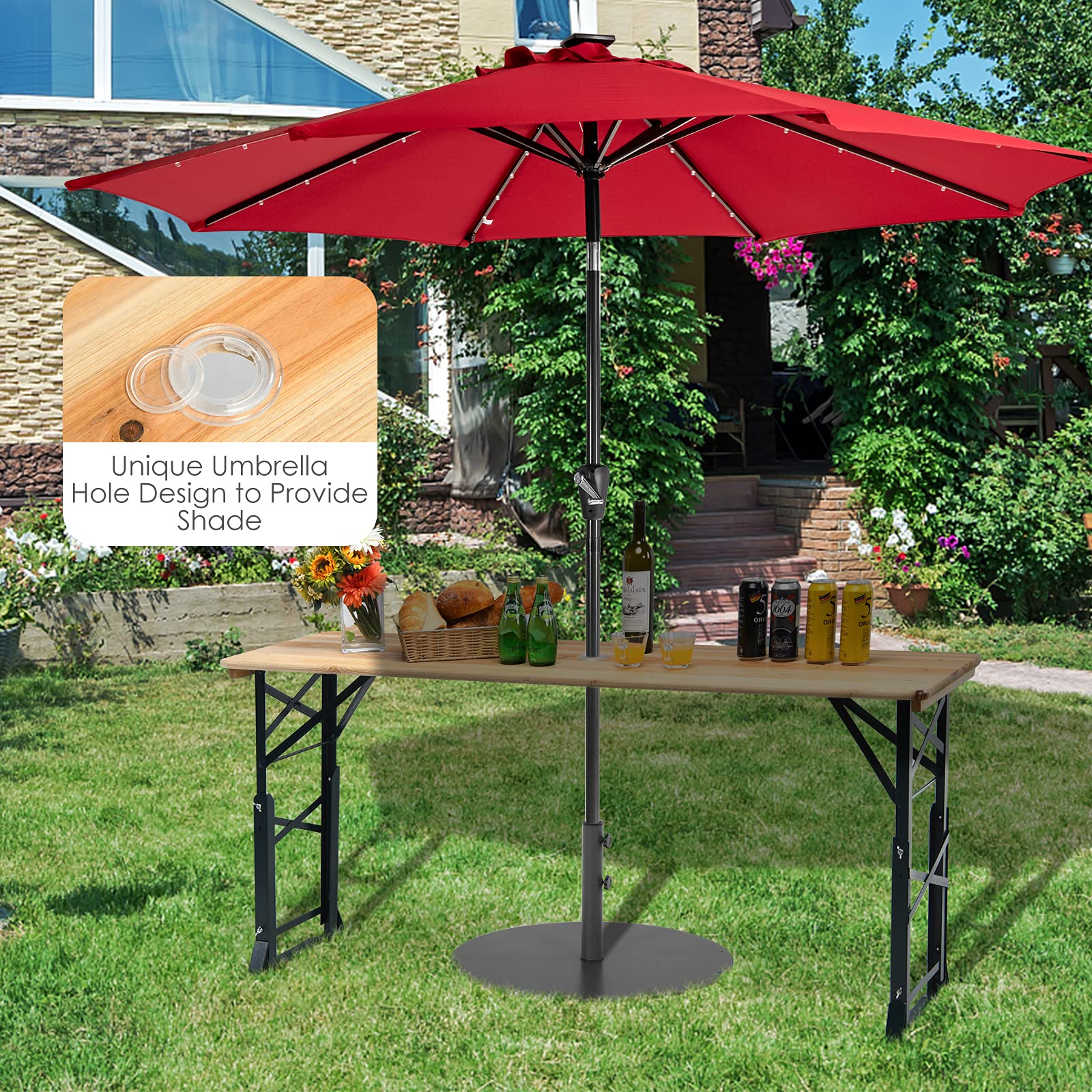 Giantex Folding Picnic Table, Wood Outdoor Table with Umbrella Hole