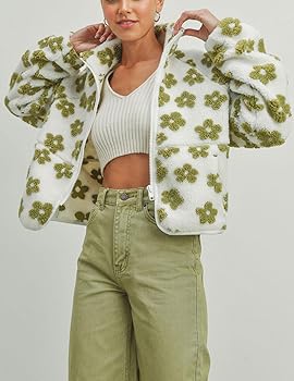 myzgx Women's Cute Floral Pattern Jacket Fuzzy Fleece Zip Up