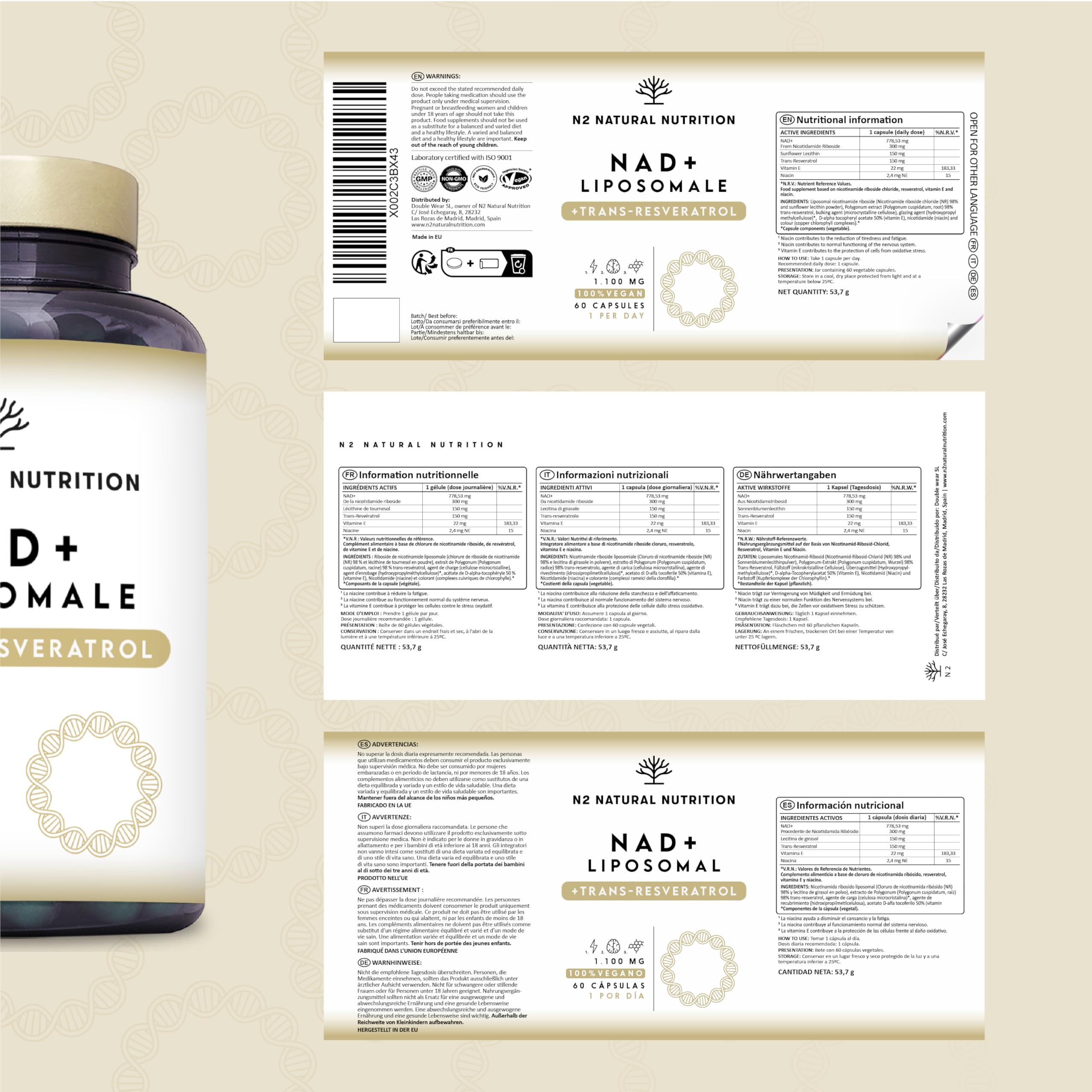 NAD+ Trans Resveratrol 1100 mg. Formule Liposomale avec Nicotinamide Riboside, Niacine et Vitamine E. Boost Métabolisme, Anti-Âge et Réparation Cellulaire. N2 Natural Nutrition