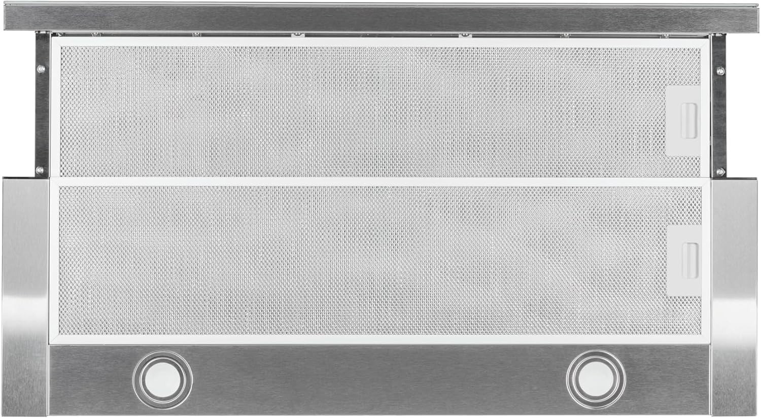 Underside view of the hood showing aluminum grease filters and LED lights