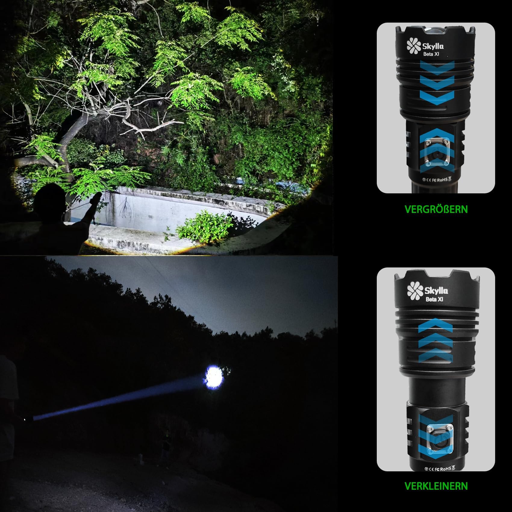Torcia USB, 15000 lumen, attrezzatura illuminante zoomabile, luce a LED leggera, torcia super luminosa con batteria integrata, super lampada ricaricabile per uso quotidiano all'aperto, campeggio