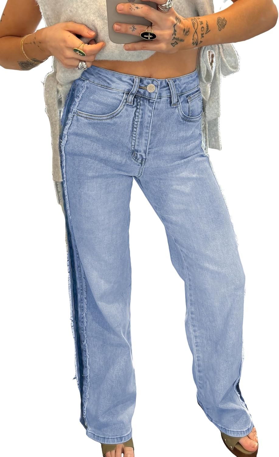 KevaMolly Straight Leg Jeans for Women Casual Contrast Stripe Frayed Side Panel Patchwork High Waist Stretchy Denim