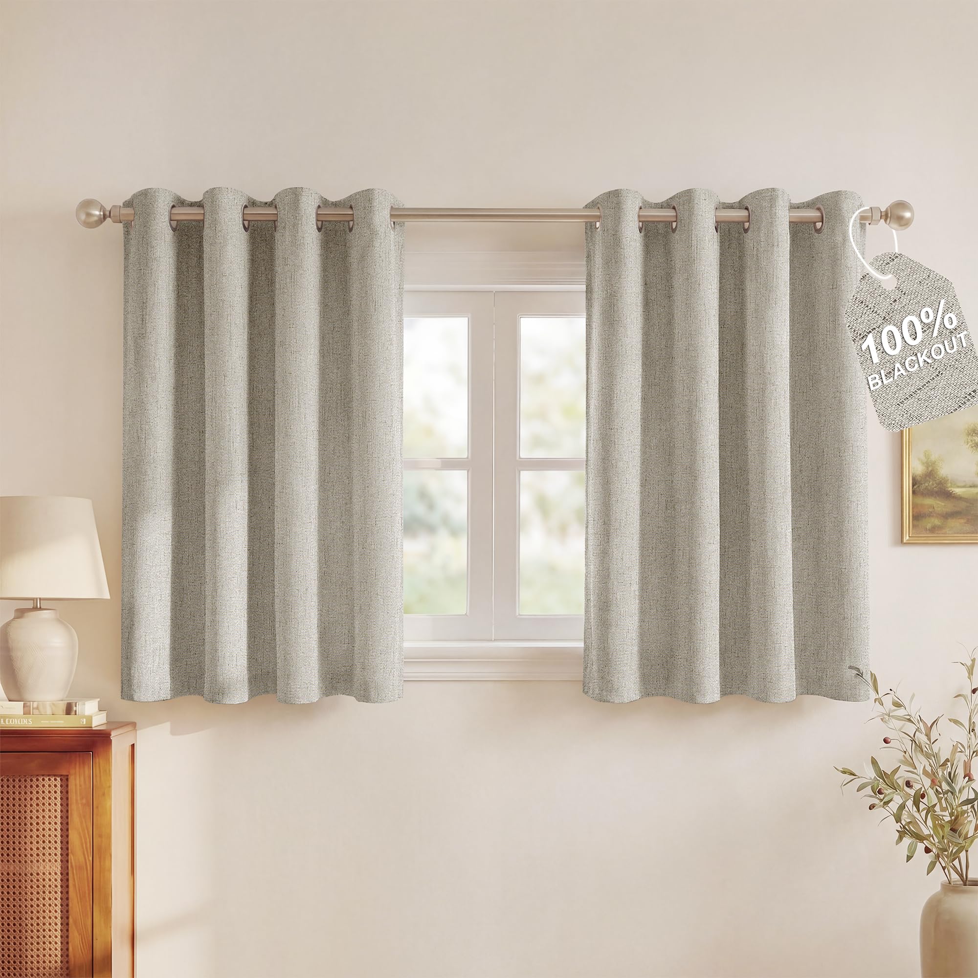 NICETOWN Linen 100% Blackout 48 inch Curtains for Bedroom, Grommet White Liner Composite Window Treatments Sound Dampening Thermal Drapes Home Decor for Cafe, Beige, 2 Panels, W52 x L48