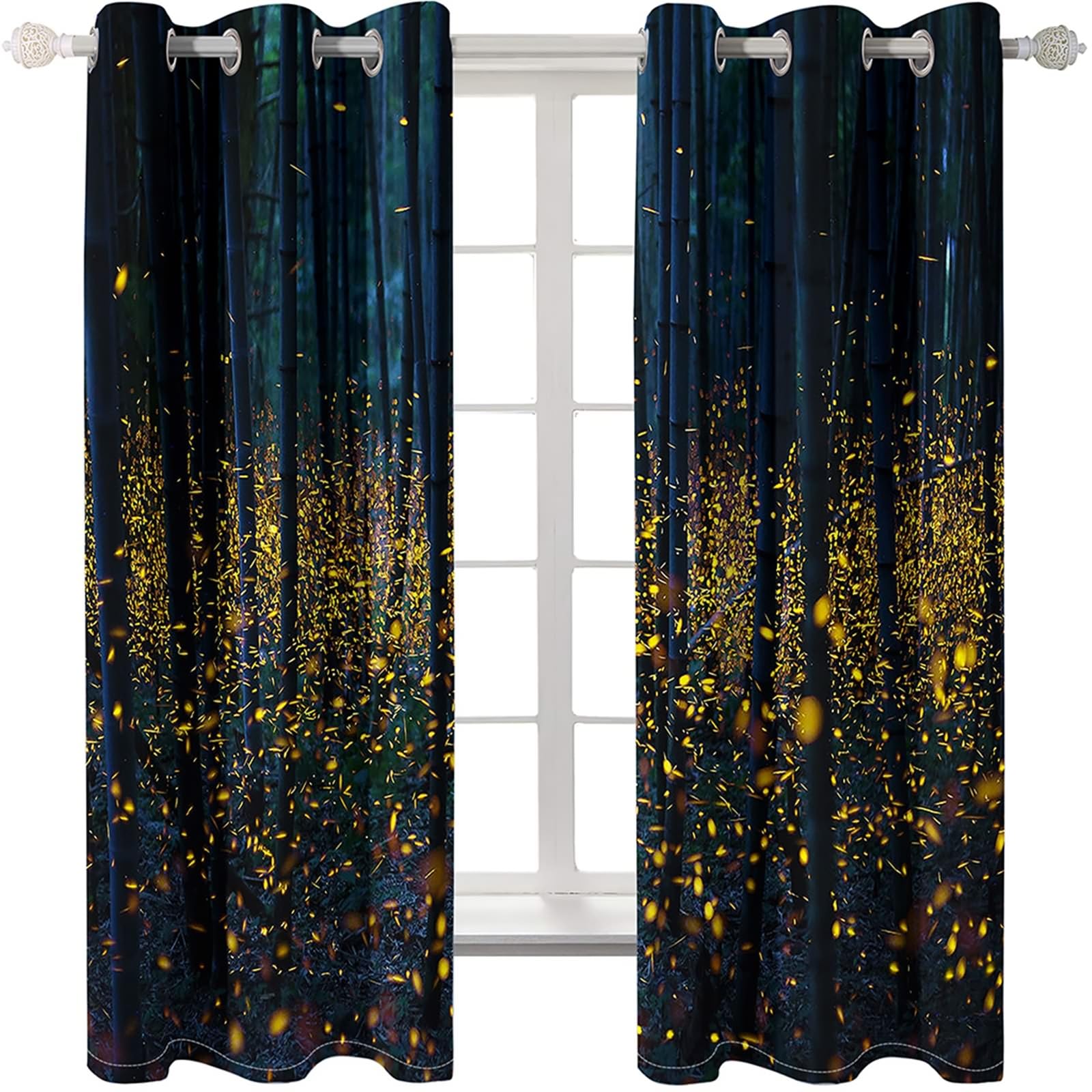 Vorhänge Verdunkelung, Gardinen Blickdicht Leuchtkäfer Nachtwaldlandschaft 2er Set H 160 x B 86 cm Abdunkelnde Vorhang Ösen für Wohnzimmer